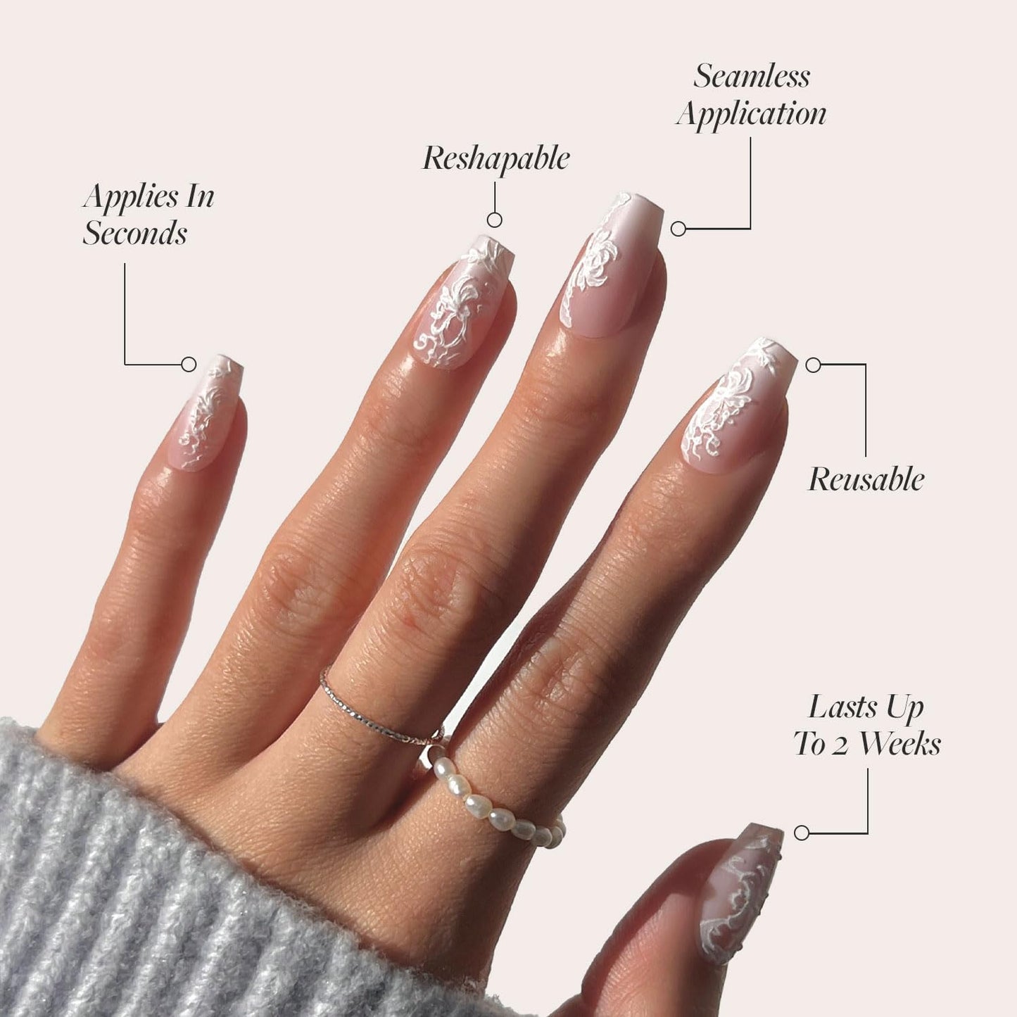 Glamnetic Press On Nails - All Time Love Spring Nails | Glossy, Semi-Transparent, Short Almond French Tip Fake Nails with Leaf Accents, Salon Quality | 15 Sizes - 30 Nail Kit with Glue