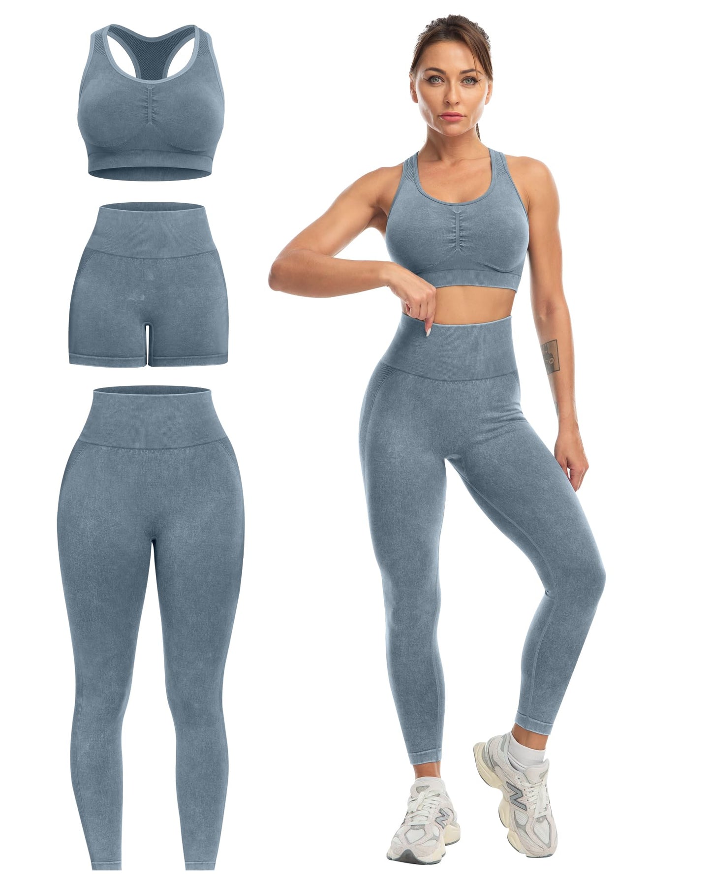 3 Piece Workout Sets for Women Butt Lifting Leggings with High Impact Sports Bra Gym Shorts