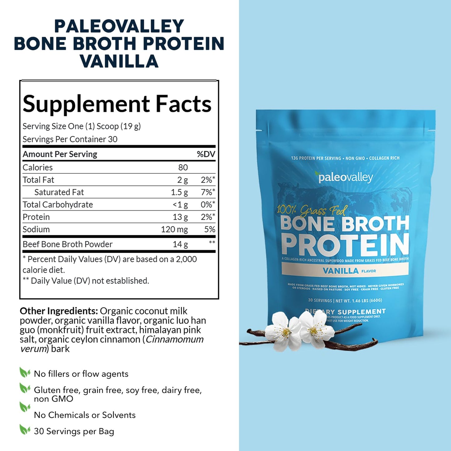 Paleovalley 100% Grass Fed Beef Bone Broth Protein Powder - Rich in Collagen Peptides for Hair, Skin, Gut Health, Bone and Joint Support - 13g Protein Per Serving - No Gluten or GMOs - Chocolate