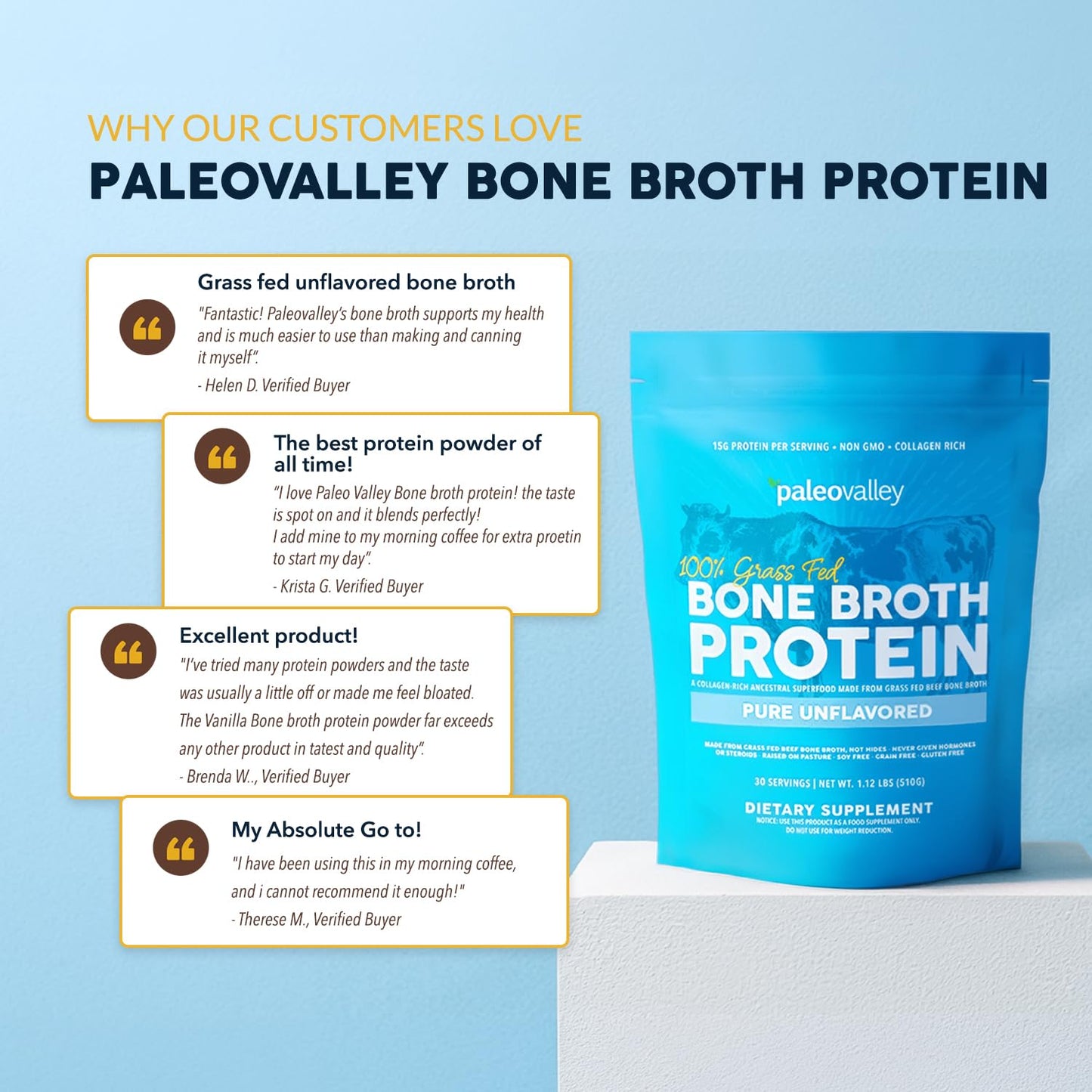 Paleovalley 100% Grass Fed Beef Bone Broth Protein Powder - Rich in Collagen Peptides for Hair, Skin, Gut Health, Bone and Joint Support - 13g Protein Per Serving - No Gluten or GMOs - Chocolate