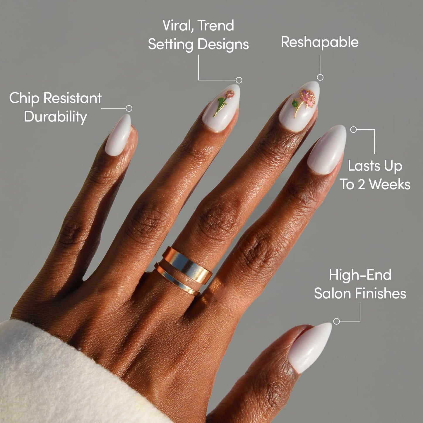 Glamnetic Press On Nails - All Time Love Spring Nails | Glossy, Semi-Transparent, Short Almond French Tip Fake Nails with Leaf Accents, Salon Quality | 15 Sizes - 30 Nail Kit with Glue