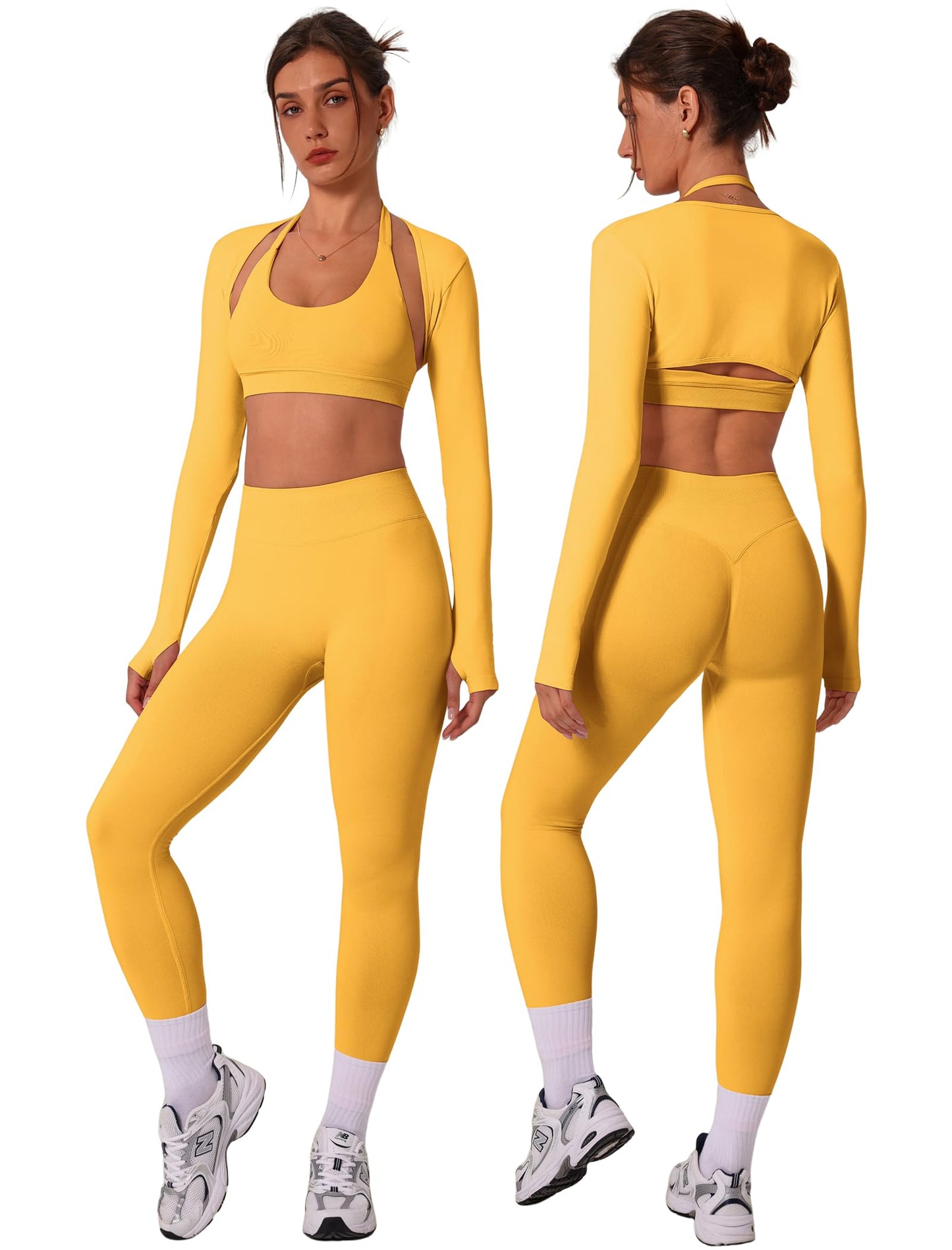 3 Piece Workout Sets for Women Seamless Halter Sports Bra High Waist Leggings Long Sleeve Shrug Gym Yoga Outfits