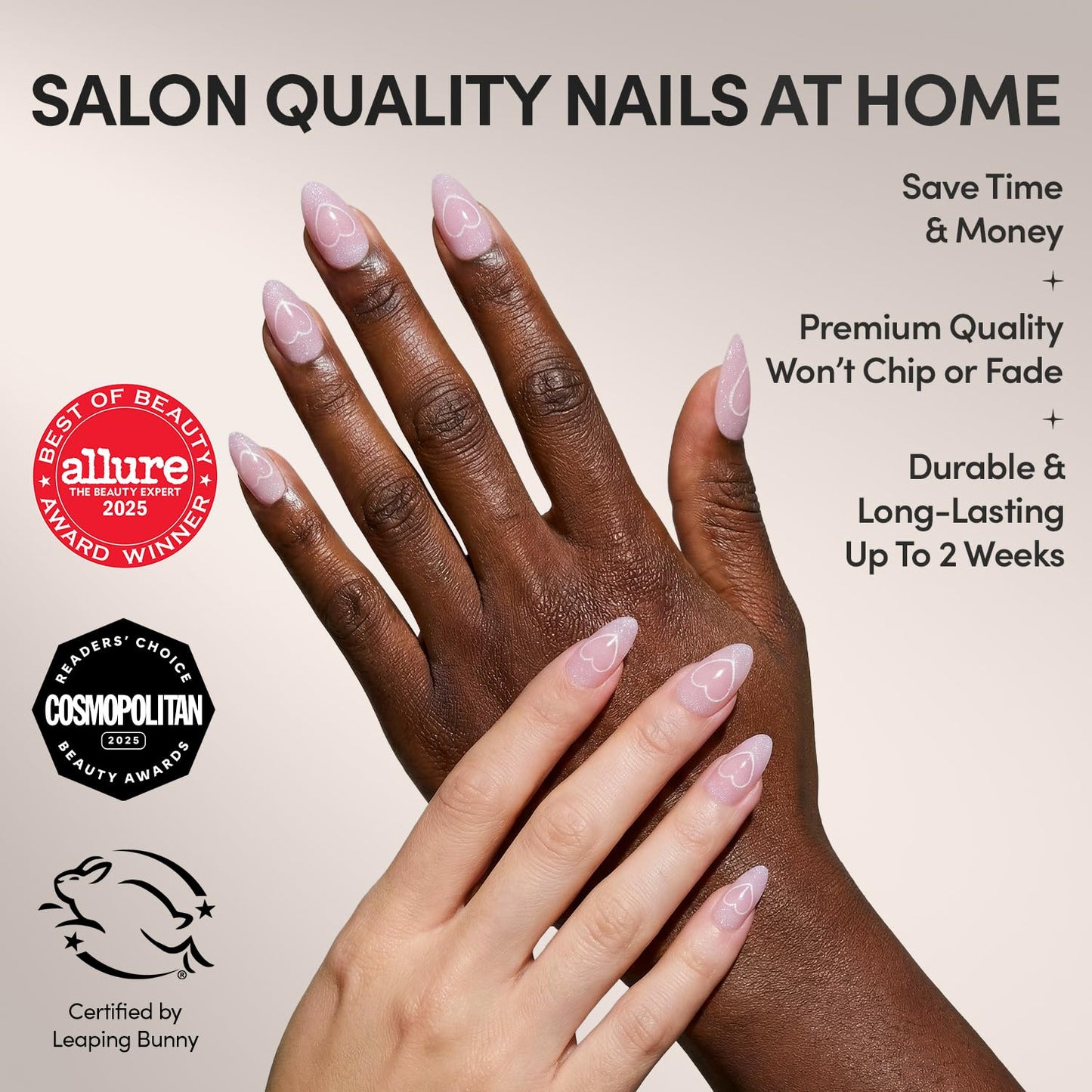 Glamnetic Press On Nails - All Time Love Spring Nails | Glossy, Semi-Transparent, Short Almond French Tip Fake Nails with Leaf Accents, Salon Quality | 15 Sizes - 30 Nail Kit with Glue