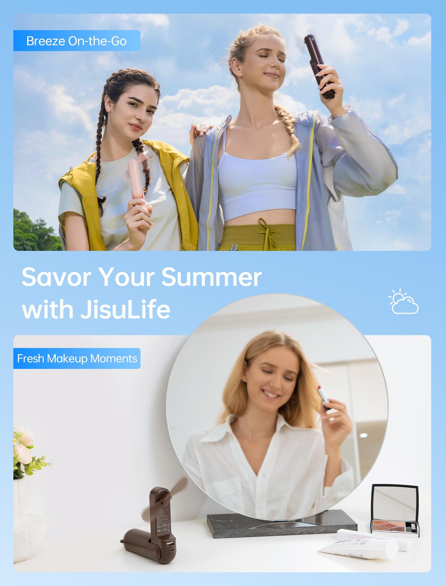 JISULIFE 3 IN 1 Handheld Mini Fan - Portable Fan & Power Bank & Flashlight, 19H Max Cooling, USB Rechargeable, Pocket-Sized for Travel, Cruise, Concerts, Makeup, 2026 Summer Gifts for Women(Pink)