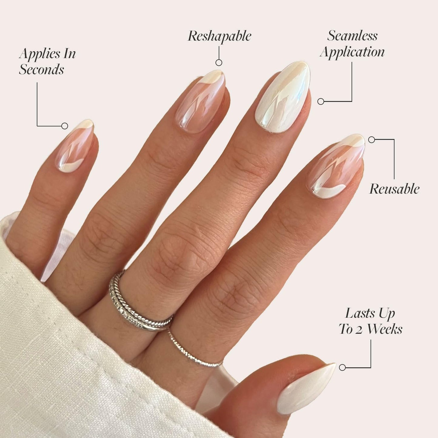 Glamnetic Press On Nails - All Time Love Spring Nails | Glossy, Semi-Transparent, Short Almond French Tip Fake Nails with Leaf Accents, Salon Quality | 15 Sizes - 30 Nail Kit with Glue
