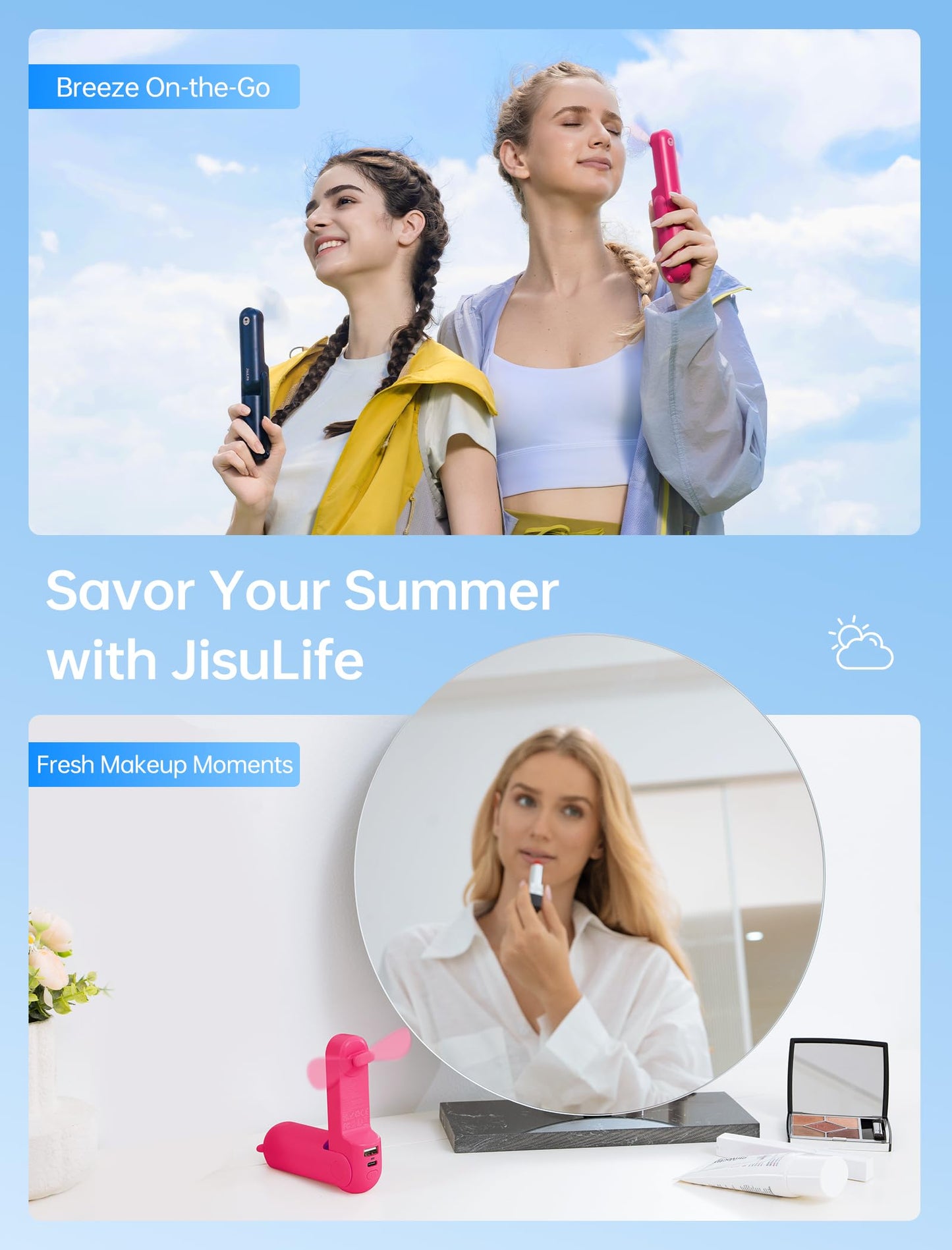 JISULIFE 3 IN 1 Handheld Mini Fan - Portable Fan & Power Bank & Flashlight, 19H Max Cooling, USB Rechargeable, Pocket-Sized for Travel, Cruise, Concerts, Makeup, 2026 Summer Gifts for Women(Pink)