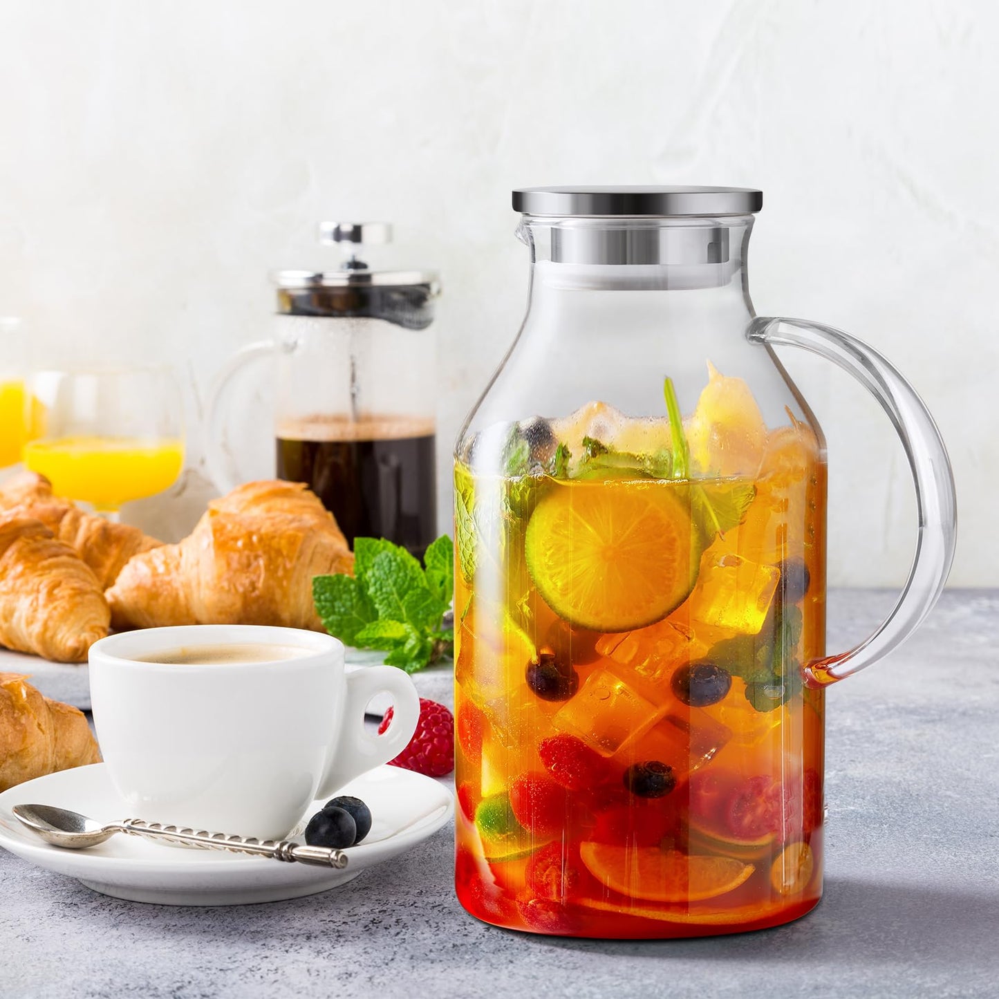 Bivvclaz 2 Liter 68 oz Gold Glass Pitcher with Lid and Handle, Glass Carafe for Hot/Cold Water, Large Iced Tea Pitcher for Coffee, Juice and Homemade Beverage