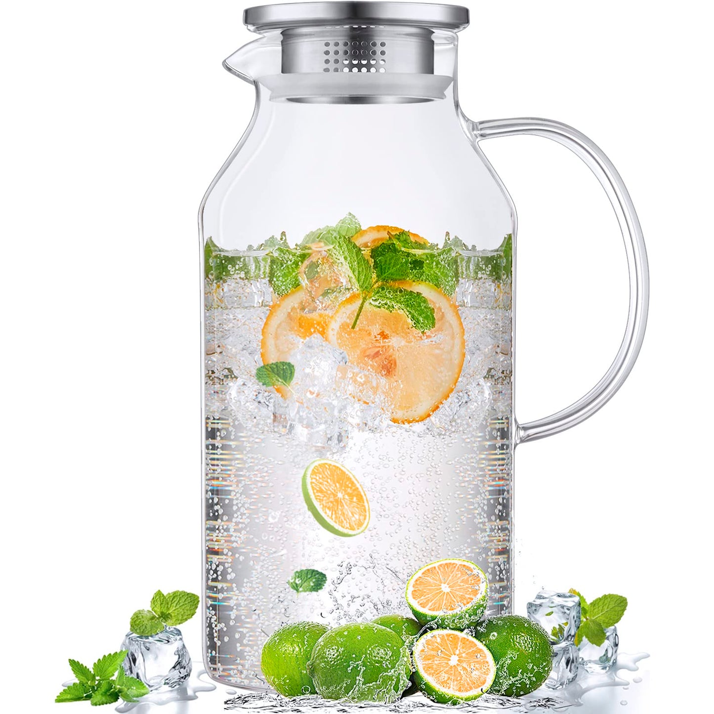 Bivvclaz 2 Liter 68 oz Gold Glass Pitcher with Lid and Handle, Glass Carafe for Hot/Cold Water, Large Iced Tea Pitcher for Coffee, Juice and Homemade Beverage