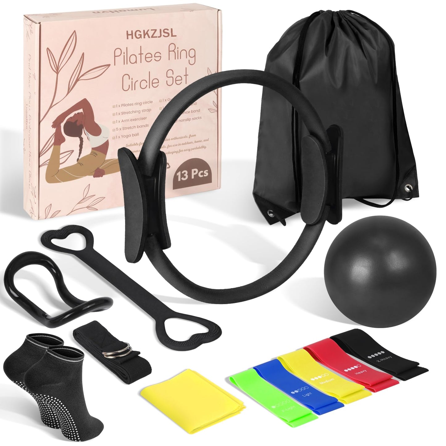 Pilates Kit for Women 13PCS, Pilates Ring and Ball Set with Magic Circle, Resistance Bands Set, Figure 8 Band, Yoga Ring & Grip Socks, Home Workout Equipment Essentials Starter Kit for Beginners