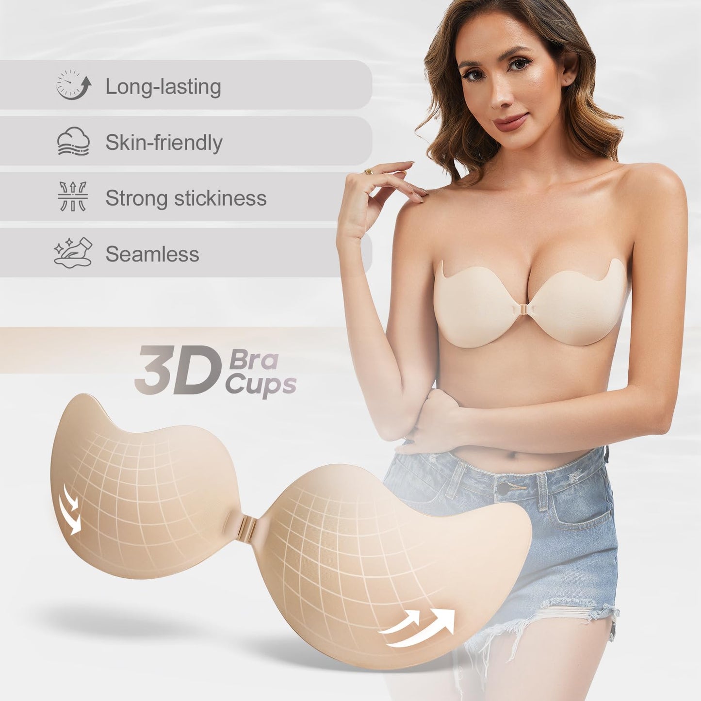 Cmojsk Strapless Sticky Push-Up Bra for Women,Adhesive Invisible Backless Nipple Covers