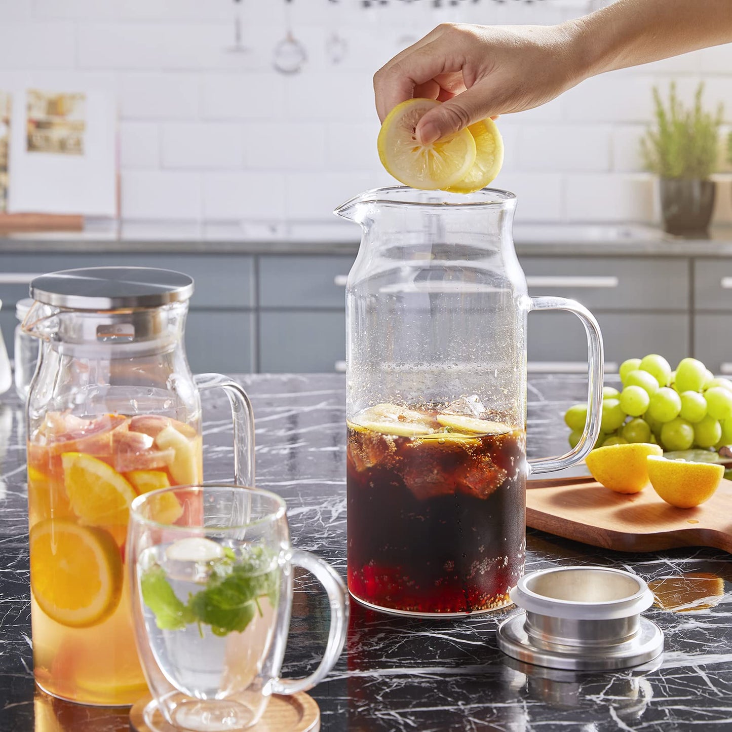 Bivvclaz 2 Liter 68 oz Gold Glass Pitcher with Lid and Handle, Glass Carafe for Hot/Cold Water, Large Iced Tea Pitcher for Coffee, Juice and Homemade Beverage