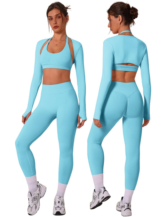 3 Piece Workout Sets for Women Seamless Halter Sports Bra High Waist Leggings Long Sleeve Shrug Gym Yoga Outfits