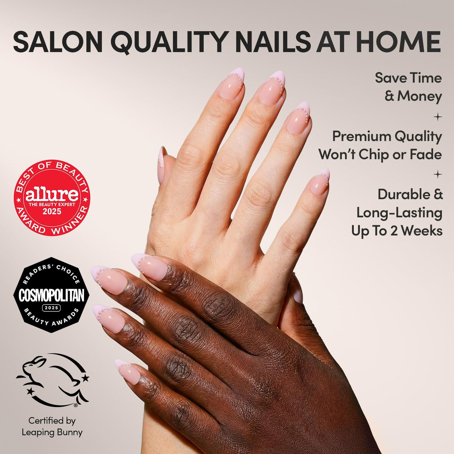 Glamnetic Press On Nails - All Time Love Spring Nails | Glossy, Semi-Transparent, Short Almond French Tip Fake Nails with Leaf Accents, Salon Quality | 15 Sizes - 30 Nail Kit with Glue