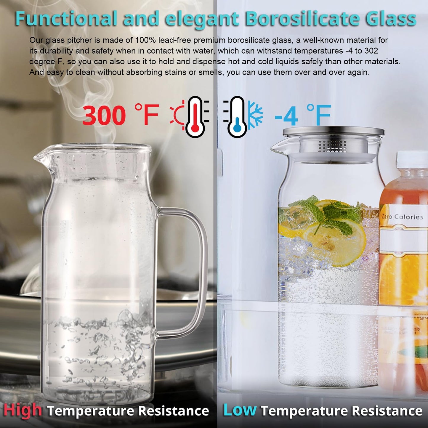 Bivvclaz 2 Liter 68 oz Gold Glass Pitcher with Lid and Handle, Glass Carafe for Hot/Cold Water, Large Iced Tea Pitcher for Coffee, Juice and Homemade Beverage
