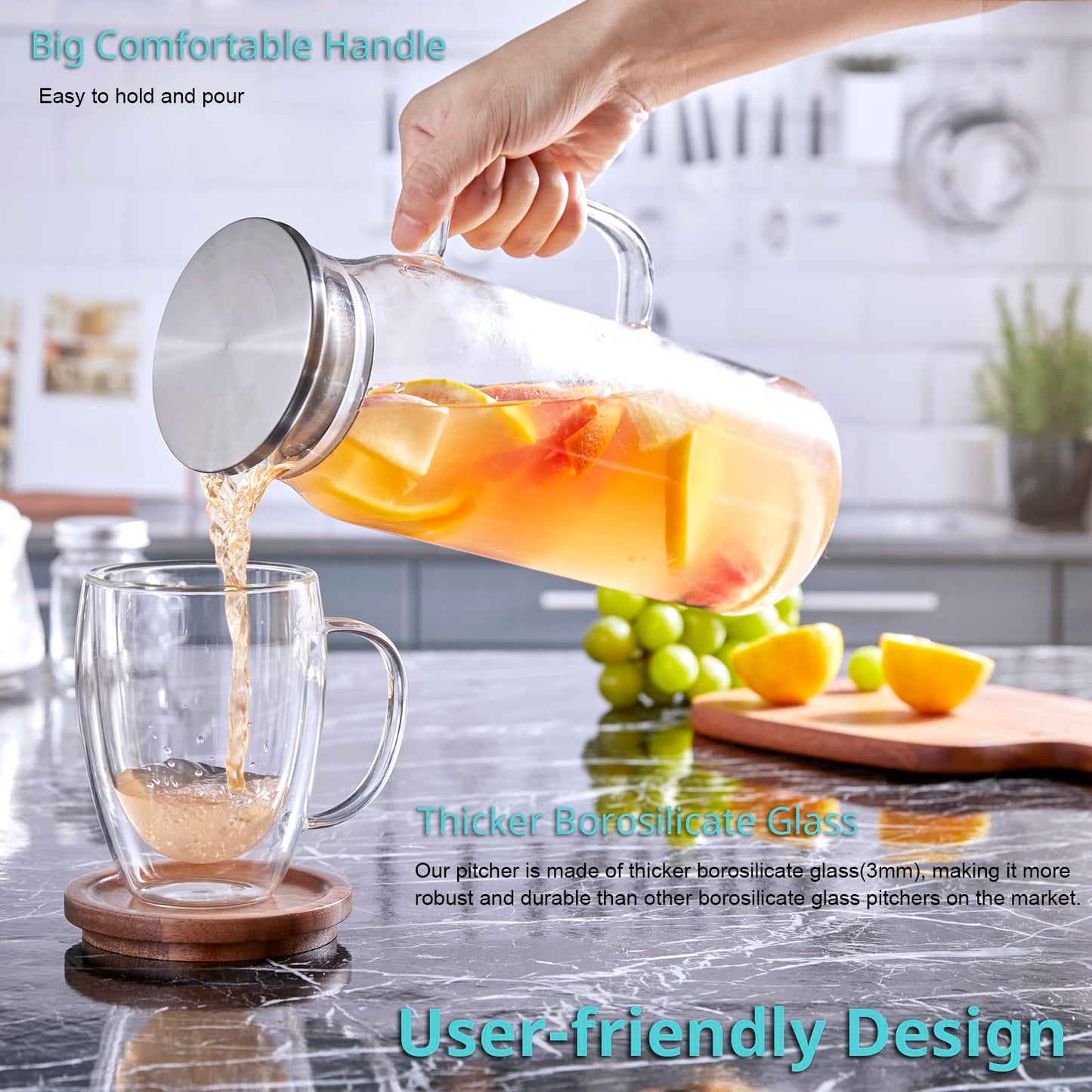 Bivvclaz 2 Liter 68 oz Gold Glass Pitcher with Lid and Handle, Glass Carafe for Hot/Cold Water, Large Iced Tea Pitcher for Coffee, Juice and Homemade Beverage