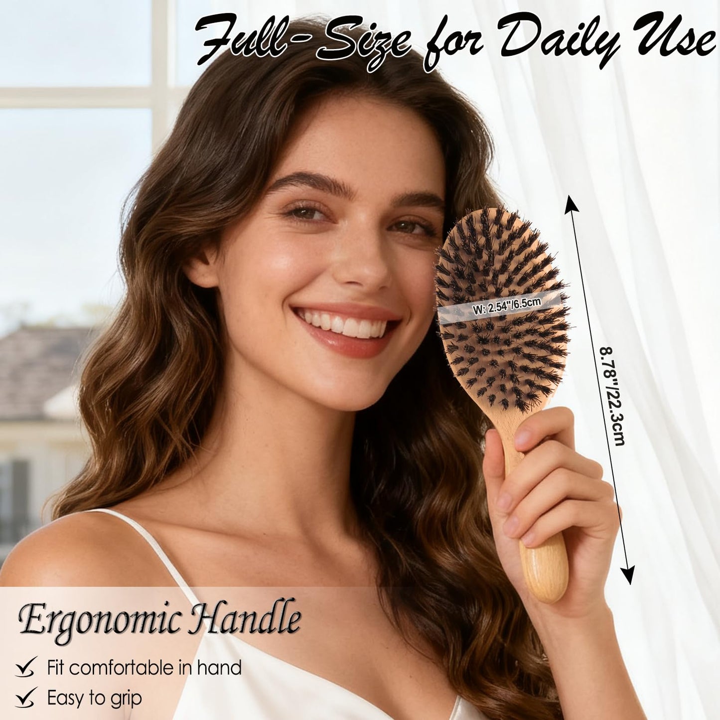 100% Pure Boar Bristle Hair Brush, Handmade Natural Wooden Slick Back Hairbrush for Thin Fine Hair, Gently Detangling Reduce Frizz Smooth Shine for Women Men Kids, Cleaning Comb&Travel Pouch Included