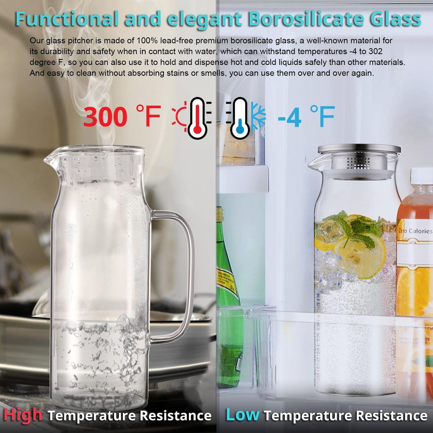 Bivvclaz 2 Liter 68 oz Gold Glass Pitcher with Lid and Handle, Glass Carafe for Hot/Cold Water, Large Iced Tea Pitcher for Coffee, Juice and Homemade Beverage