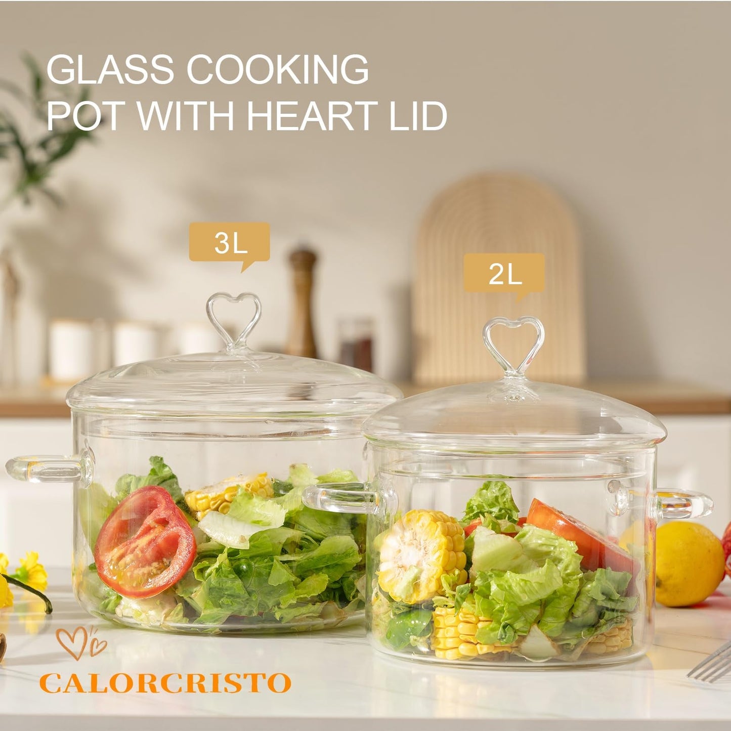 3 L Glass Cooking Pot with Lid, Save Energy, Heat Resistant | 3.2QT(3000ml) Glass Simmer Pot, Heart Shape Lid, Clear, Easy to Clean, BPA Free.