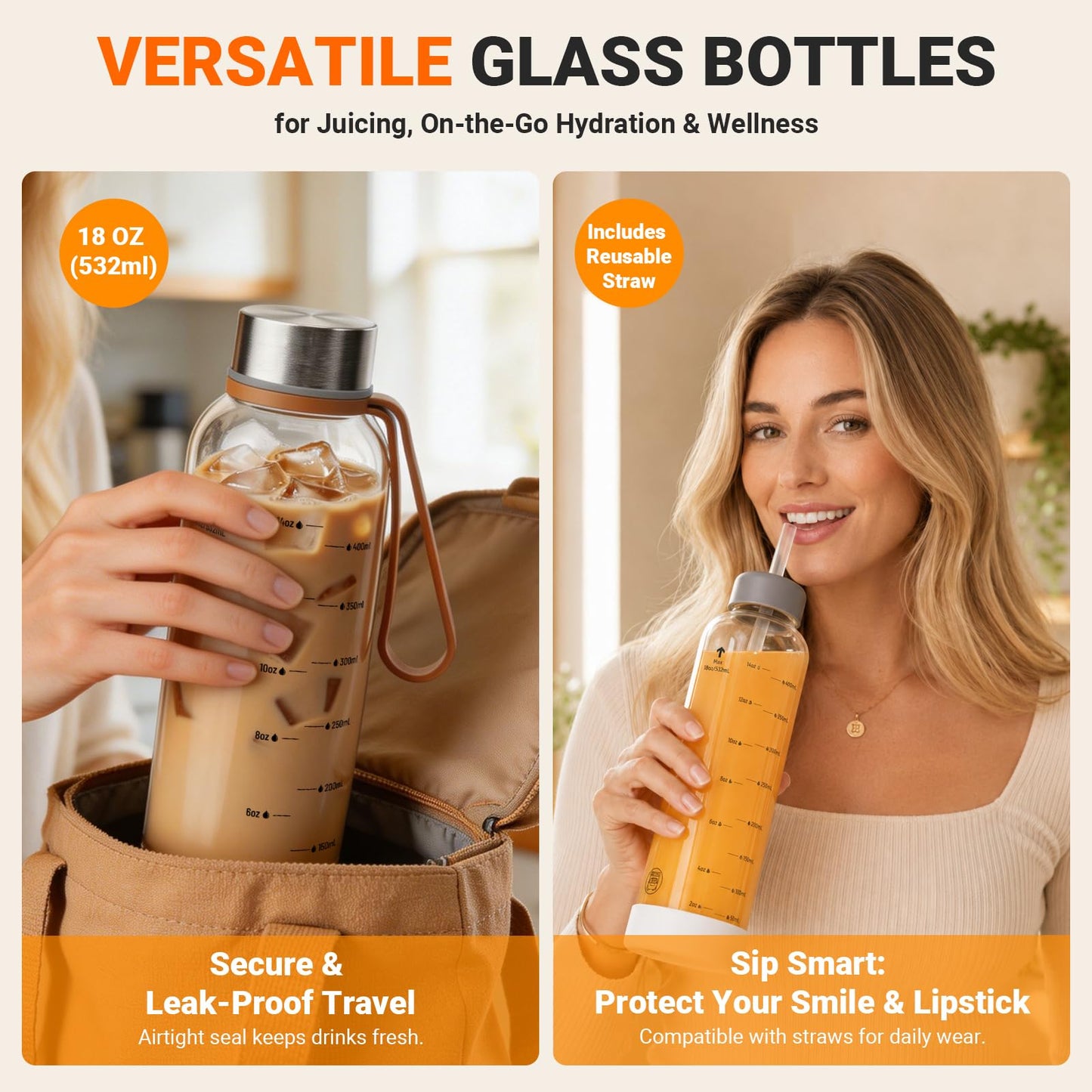 Sursip [10 Pack] 18 oz Glass Water Bottles with Lids, Juice Bottles, Clear glass juice bottle for juicing, Eco-Friendly Reusable Glass Juicing Bottles with Stainless Steel Lid, BPA Free,Leak-Proof