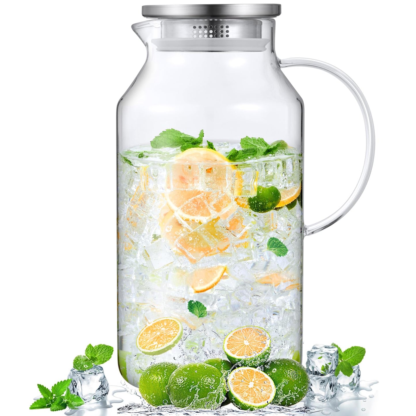 Bivvclaz 2 Liter 68 oz Gold Glass Pitcher with Lid and Handle, Glass Carafe for Hot/Cold Water, Large Iced Tea Pitcher for Coffee, Juice and Homemade Beverage