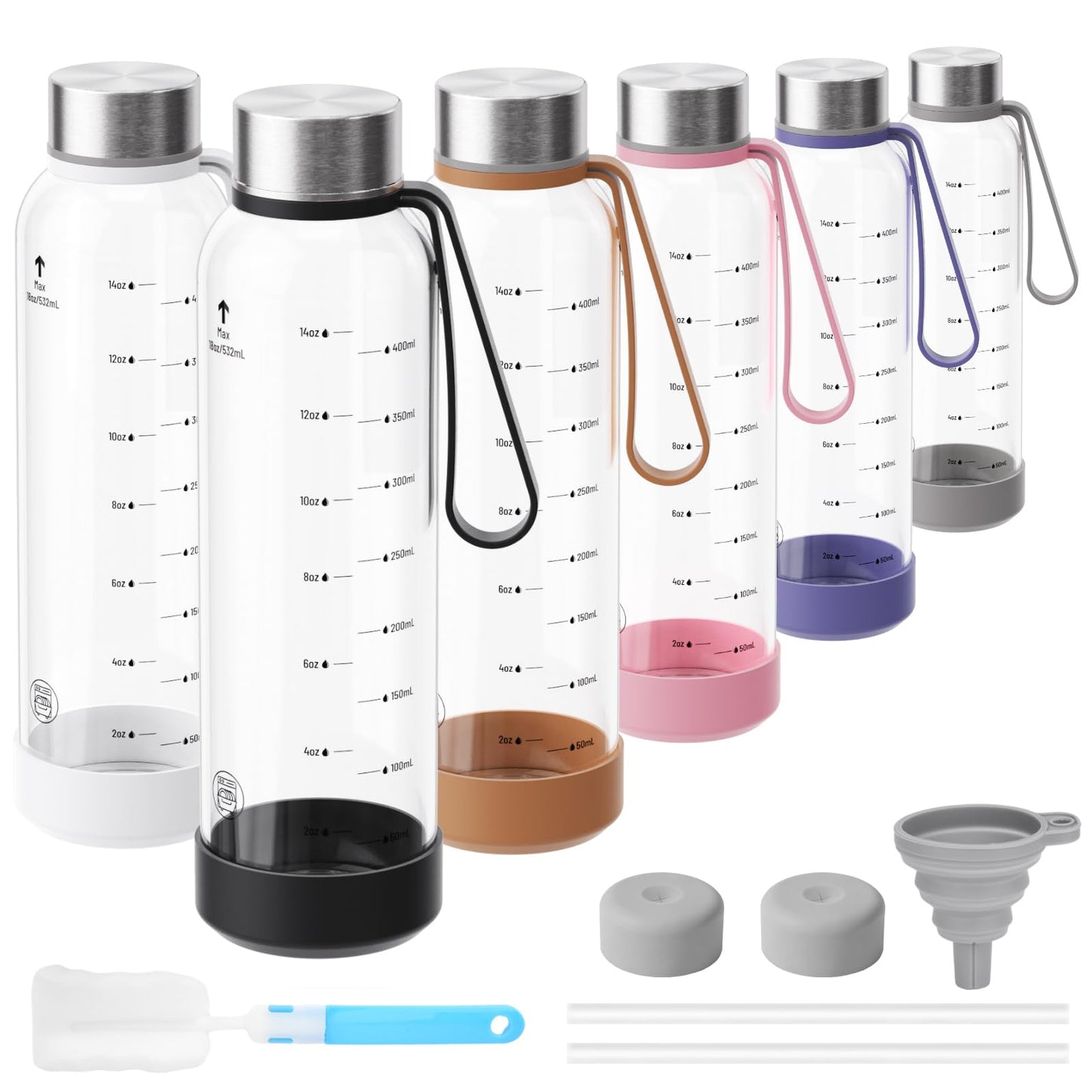 Sursip [10 Pack] 18 oz Glass Water Bottles with Lids, Juice Bottles, Clear glass juice bottle for juicing, Eco-Friendly Reusable Glass Juicing Bottles with Stainless Steel Lid, BPA Free,Leak-Proof