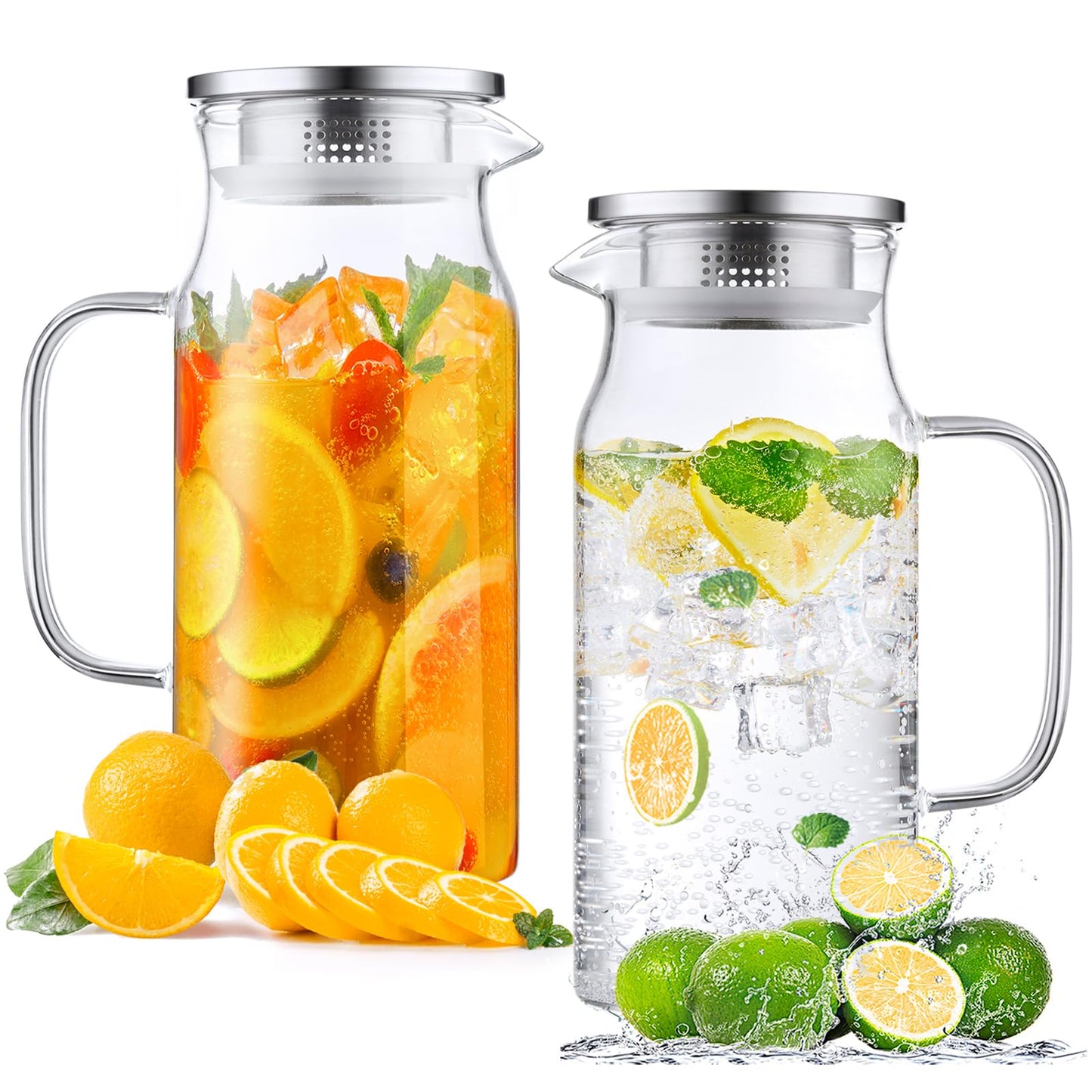 Bivvclaz 2 Liter 68 oz Gold Glass Pitcher with Lid and Handle, Glass Carafe for Hot/Cold Water, Large Iced Tea Pitcher for Coffee, Juice and Homemade Beverage