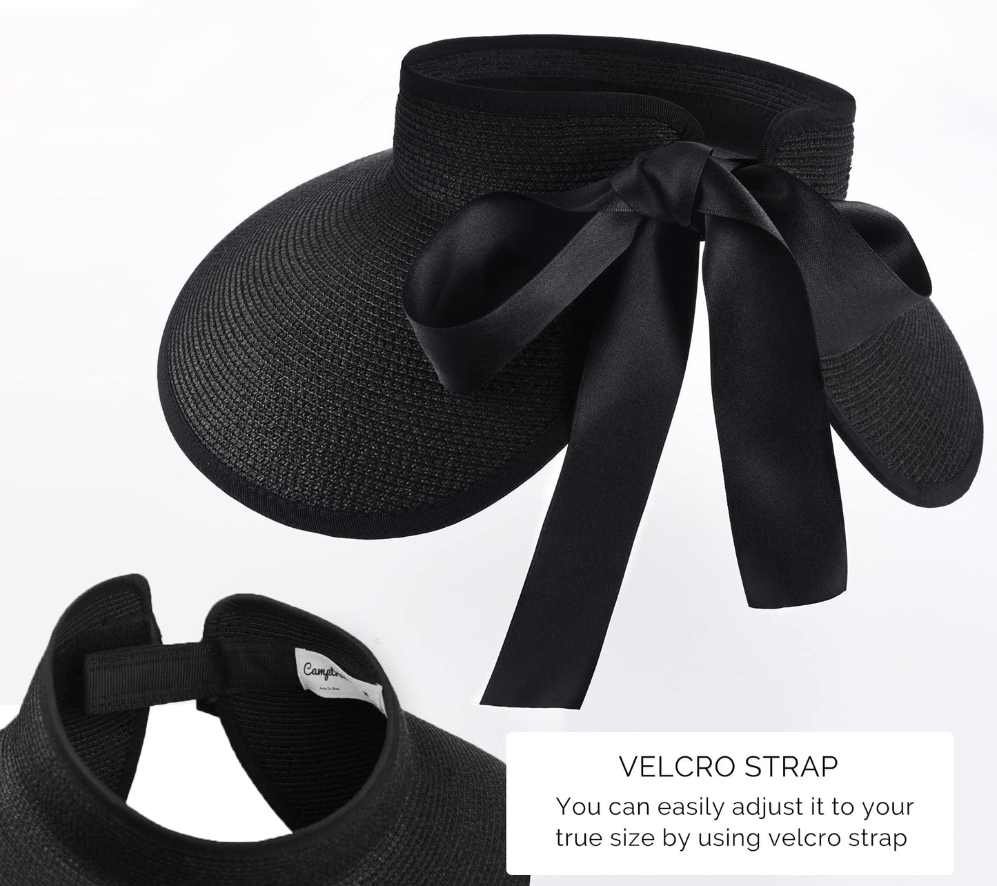 Camptrace Sun Visors for Women Wide Brim Beach Hat Foldable Straw Visor Hat Ponytail Summer Packable UPF 50+