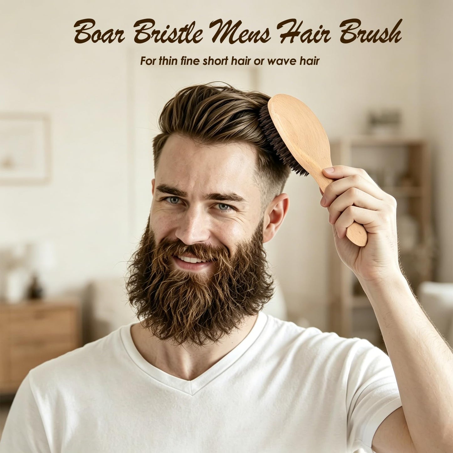 100% Pure Boar Bristle Hair Brush, Handmade Natural Wooden Slick Back Hairbrush for Thin Fine Hair, Gently Detangling Reduce Frizz Smooth Shine for Women Men Kids, Cleaning Comb&Travel Pouch Included