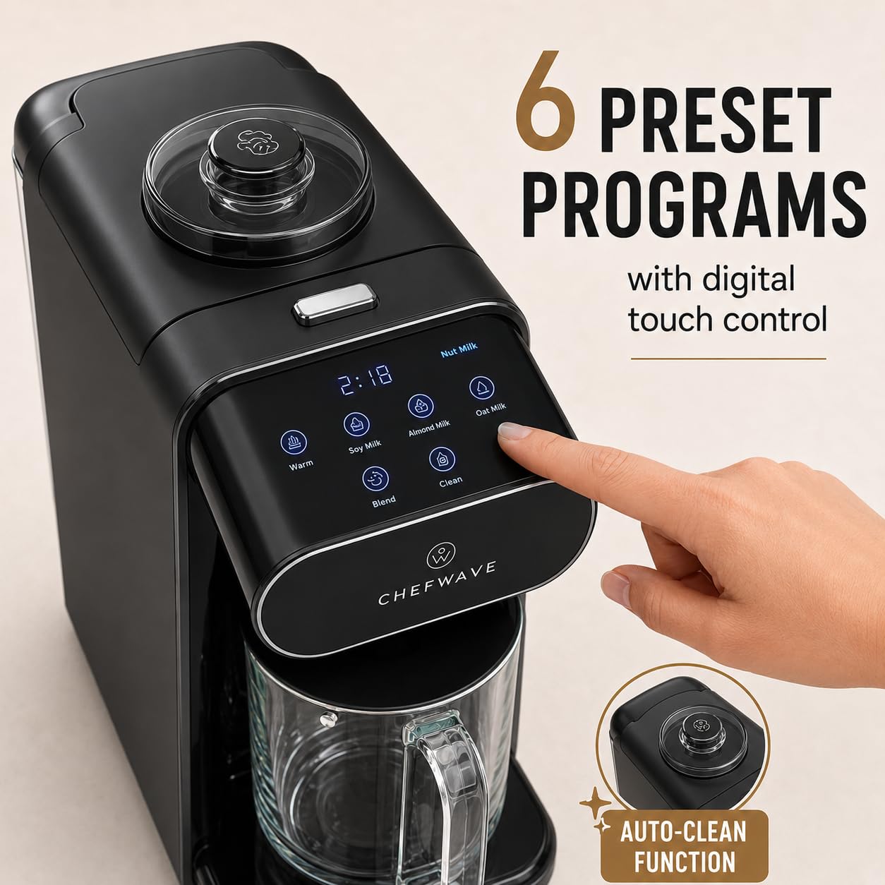 ChefWave Milkmade Plant-Based Milk Maker, 6-in-1 Nut Milk Machine for Almond, Oat, Soy, Cashew, Coconut & Macadamia — 1000W, No Soaking, Auto Self-Clean, Delay Start, Glass Pitcher Included (White)