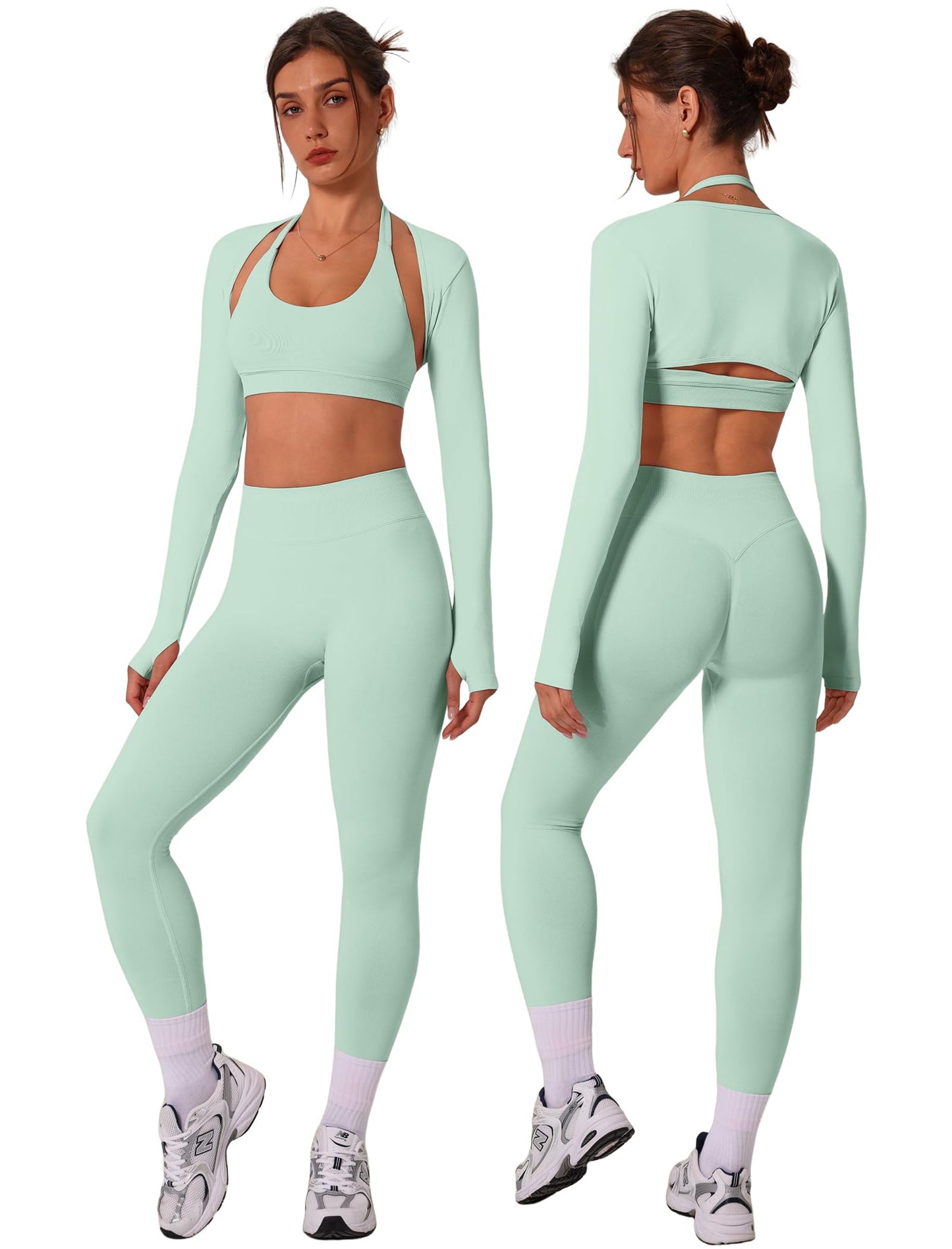 3 Piece Workout Sets for Women Seamless Halter Sports Bra High Waist Leggings Long Sleeve Shrug Gym Yoga Outfits