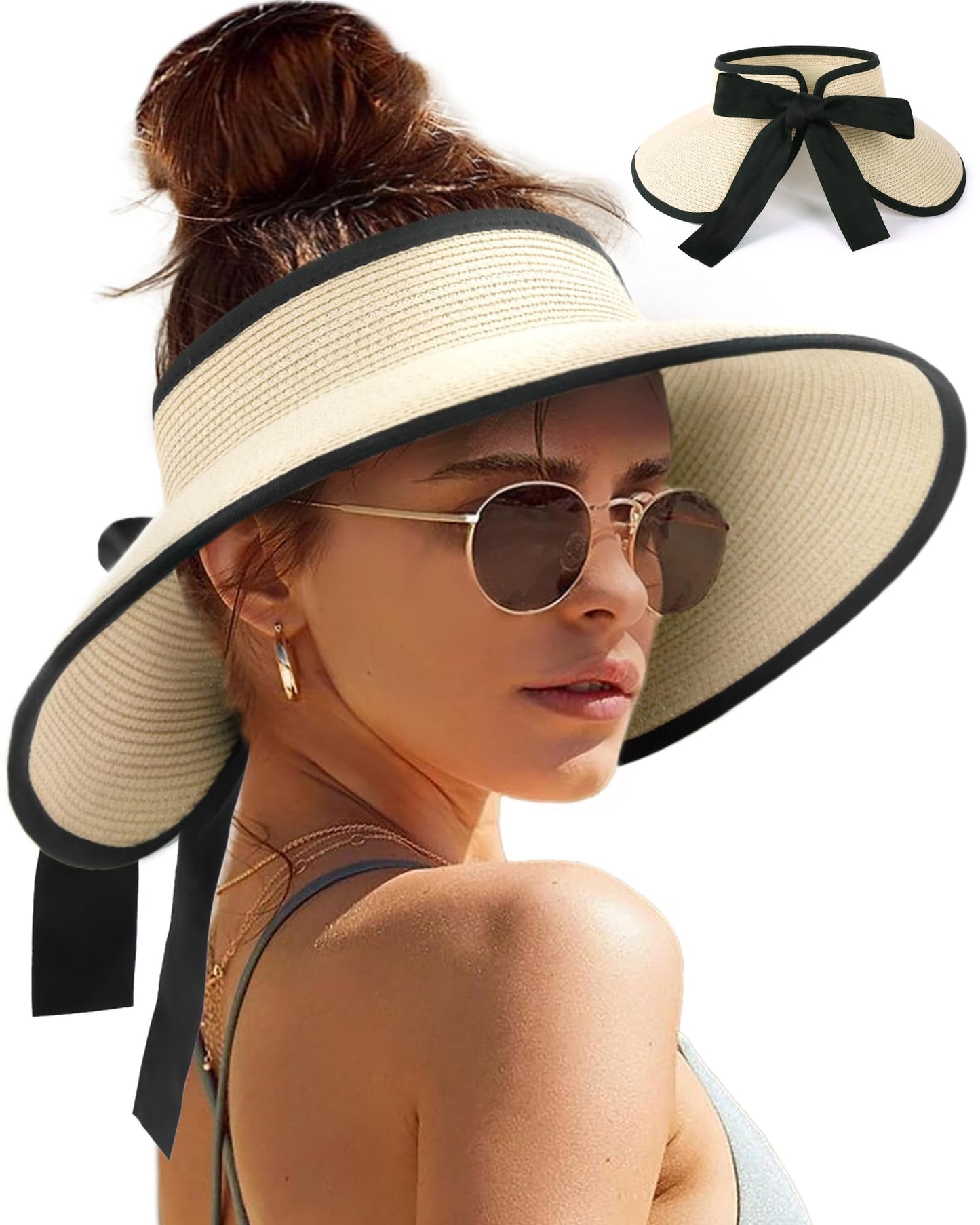 Camptrace Sun Visors for Women Wide Brim Beach Hat Foldable Straw Visor Hat Ponytail Summer Packable UPF 50+