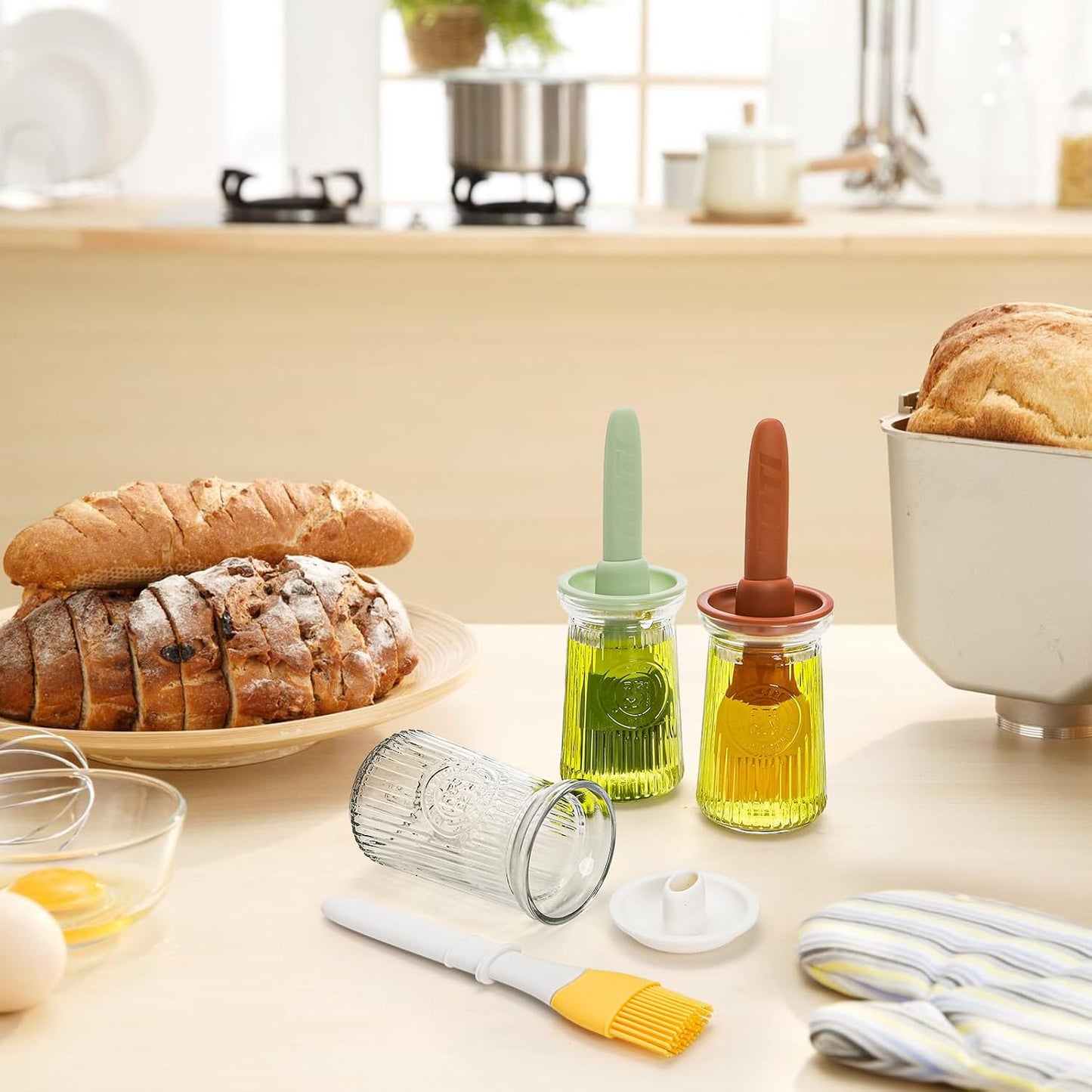 3 Pack 200 ml Oil Dispenser with Brush, 3 IN 1 Glass Olive Oil Dispenser Bottle, Heat Resistant Silicone Basting Brush for Kitchen, Cooking, BBQ, Grilling, Frying, Baking, Sauce