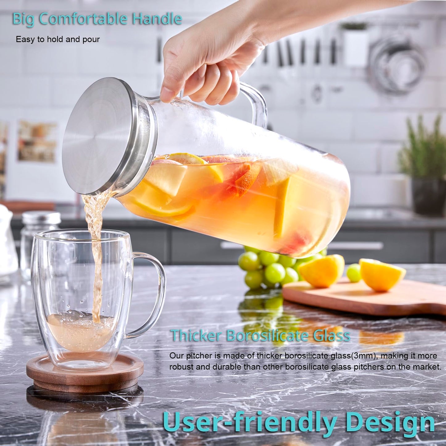 Bivvclaz 2 Liter 68 oz Gold Glass Pitcher with Lid and Handle, Glass Carafe for Hot/Cold Water, Large Iced Tea Pitcher for Coffee, Juice and Homemade Beverage