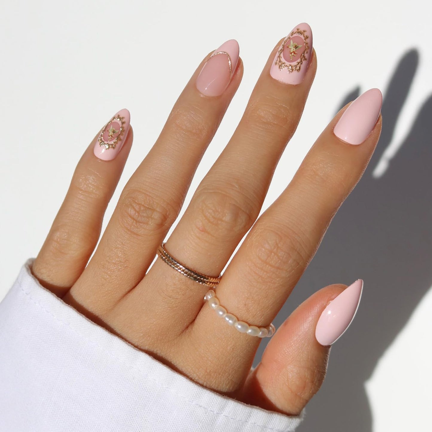 Glamnetic Press On Nails - All Time Love Spring Nails | Glossy, Semi-Transparent, Short Almond French Tip Fake Nails with Leaf Accents, Salon Quality | 15 Sizes - 30 Nail Kit with Glue