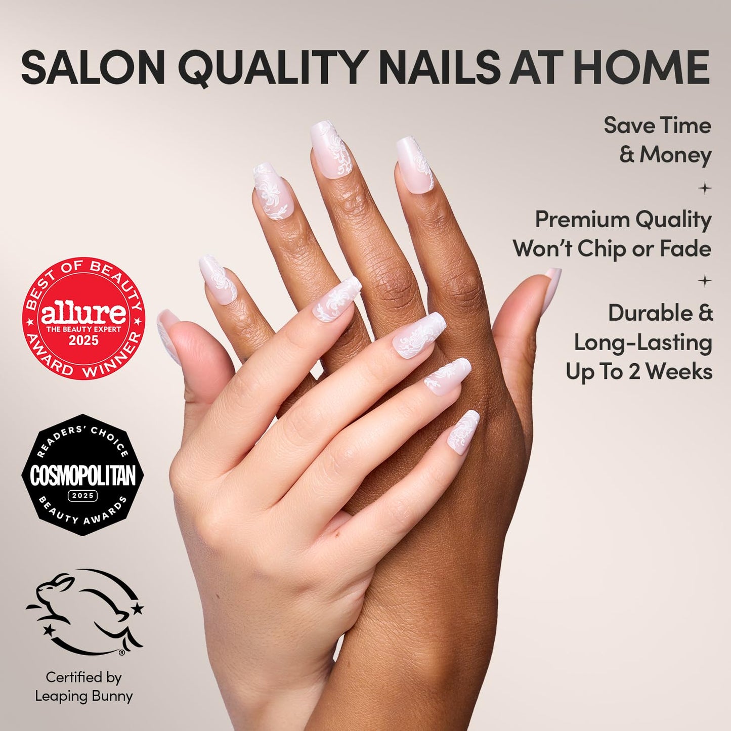 Glamnetic Press On Nails - All Time Love Spring Nails | Glossy, Semi-Transparent, Short Almond French Tip Fake Nails with Leaf Accents, Salon Quality | 15 Sizes - 30 Nail Kit with Glue