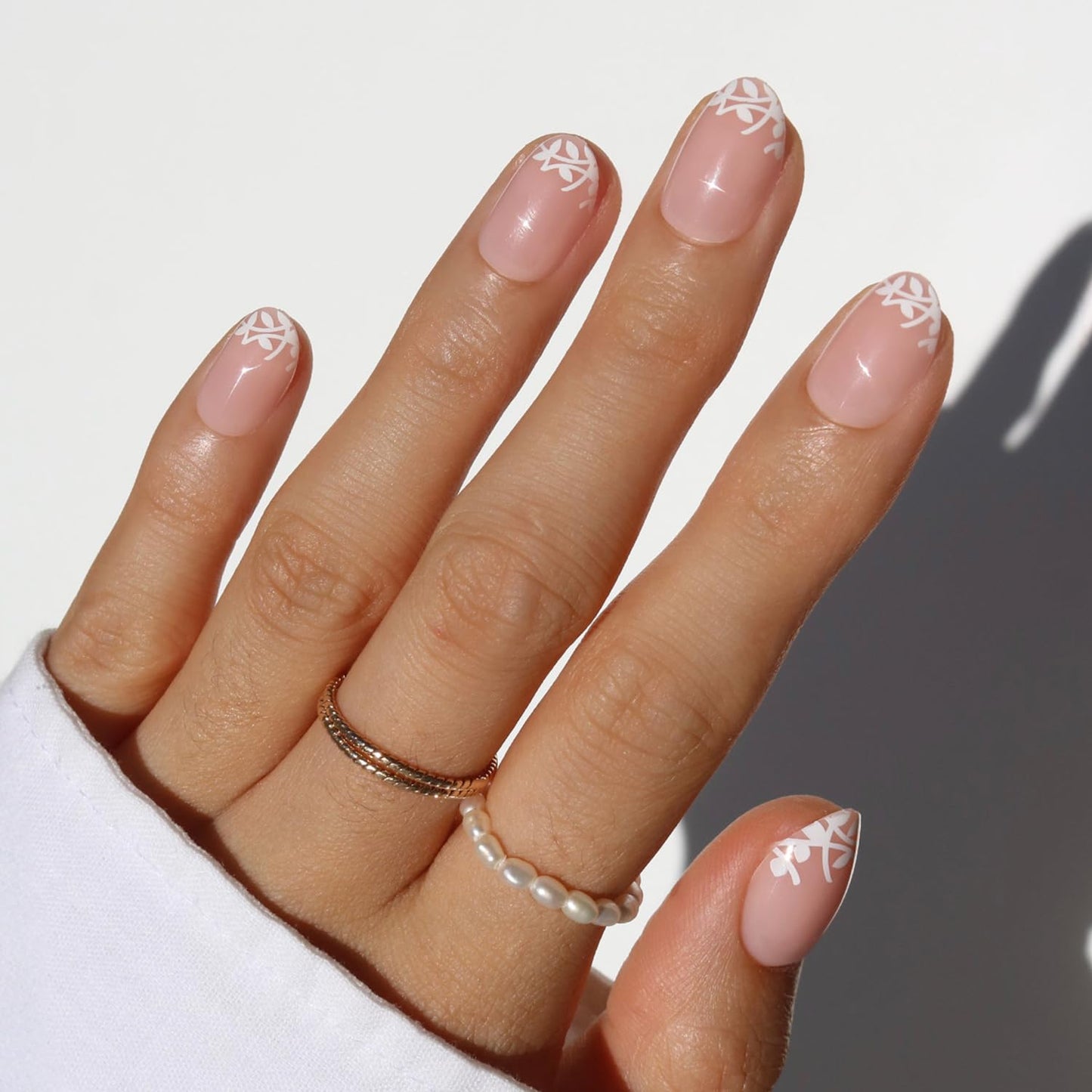 Glamnetic Press On Nails - All Time Love Spring Nails | Glossy, Semi-Transparent, Short Almond French Tip Fake Nails with Leaf Accents, Salon Quality | 15 Sizes - 30 Nail Kit with Glue