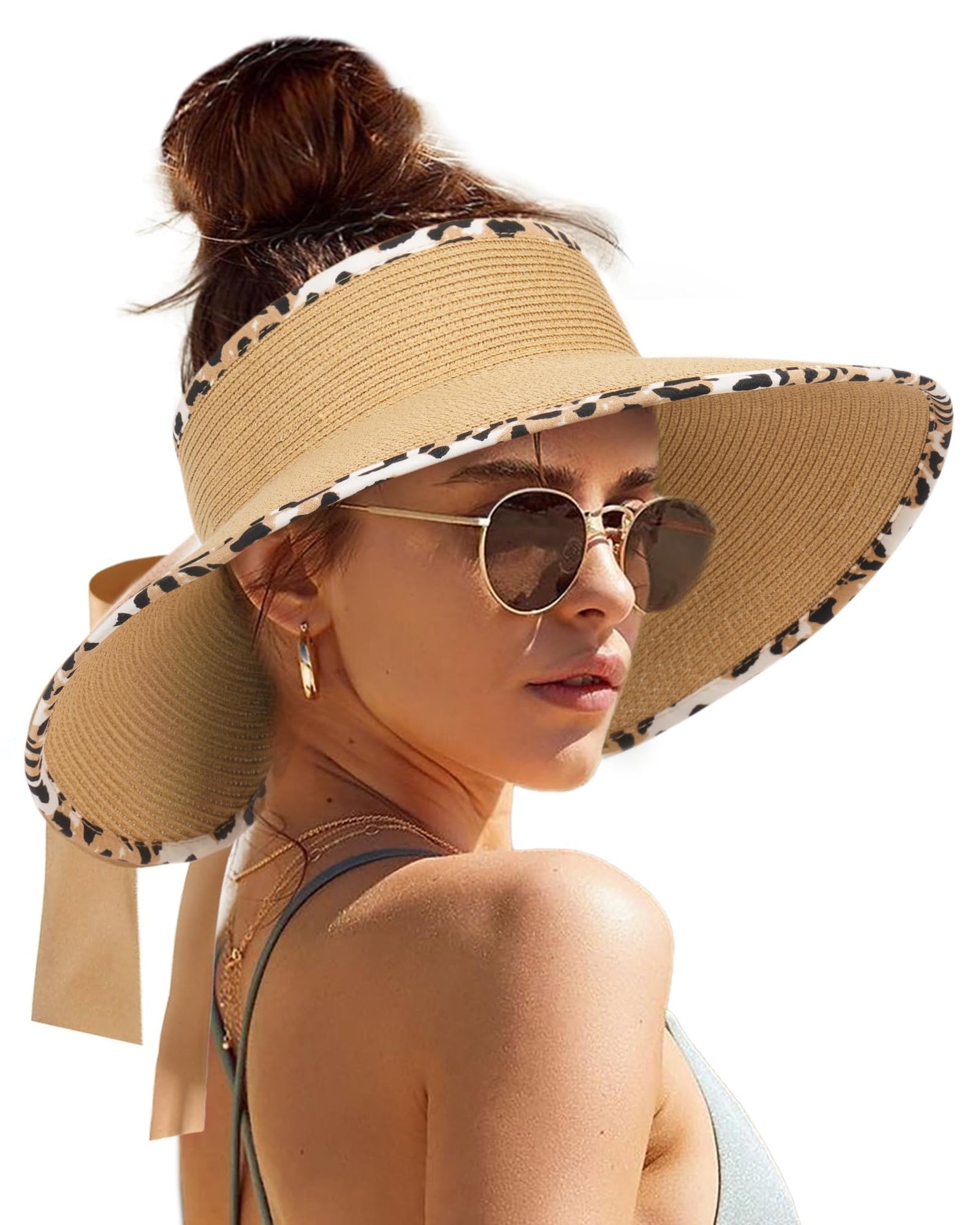 Camptrace Sun Visors for Women Wide Brim Beach Hat Foldable Straw Visor Hat Ponytail Summer Packable UPF 50+