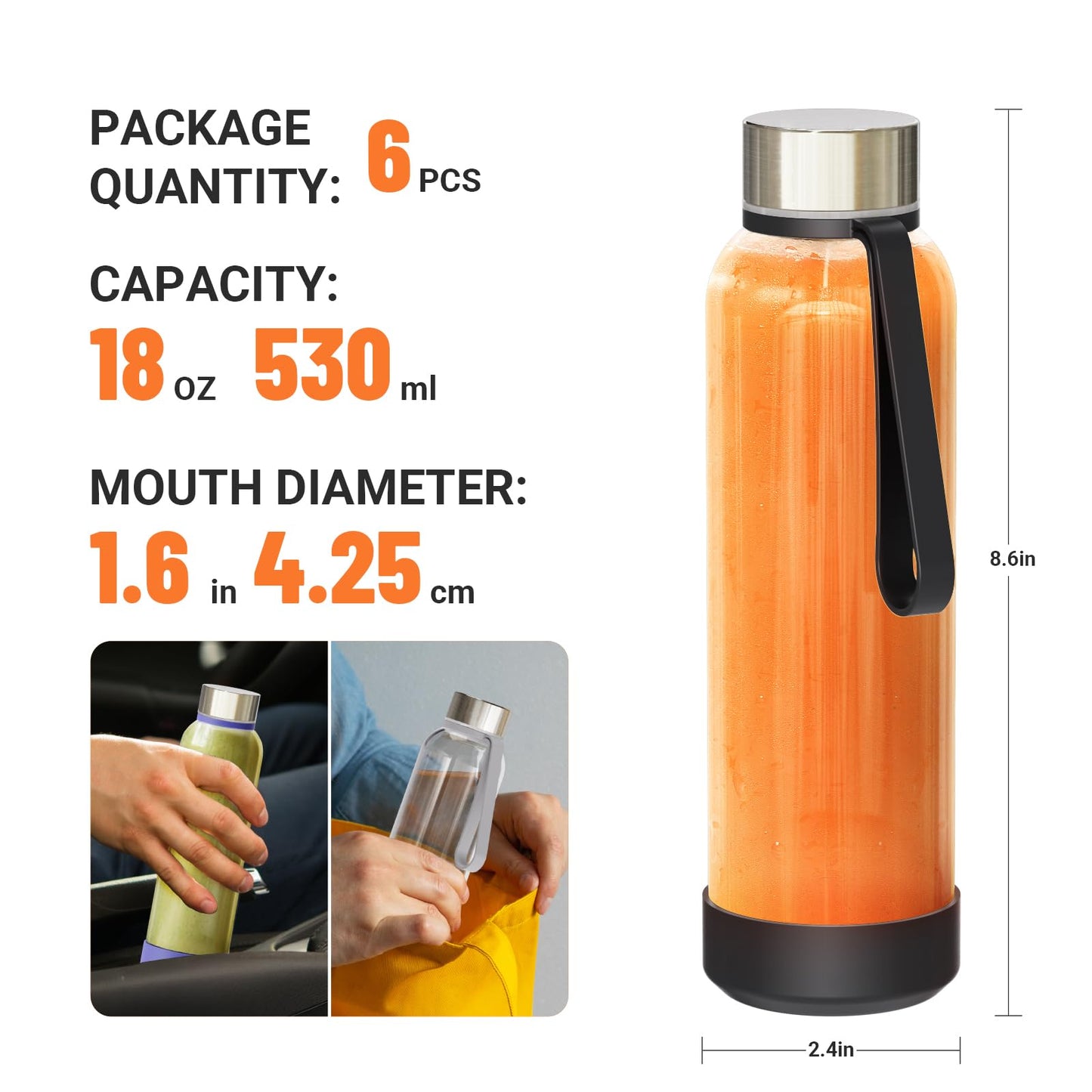 Sursip [10 Pack] 18 oz Glass Water Bottles with Lids, Juice Bottles, Clear glass juice bottle for juicing, Eco-Friendly Reusable Glass Juicing Bottles with Stainless Steel Lid, BPA Free,Leak-Proof