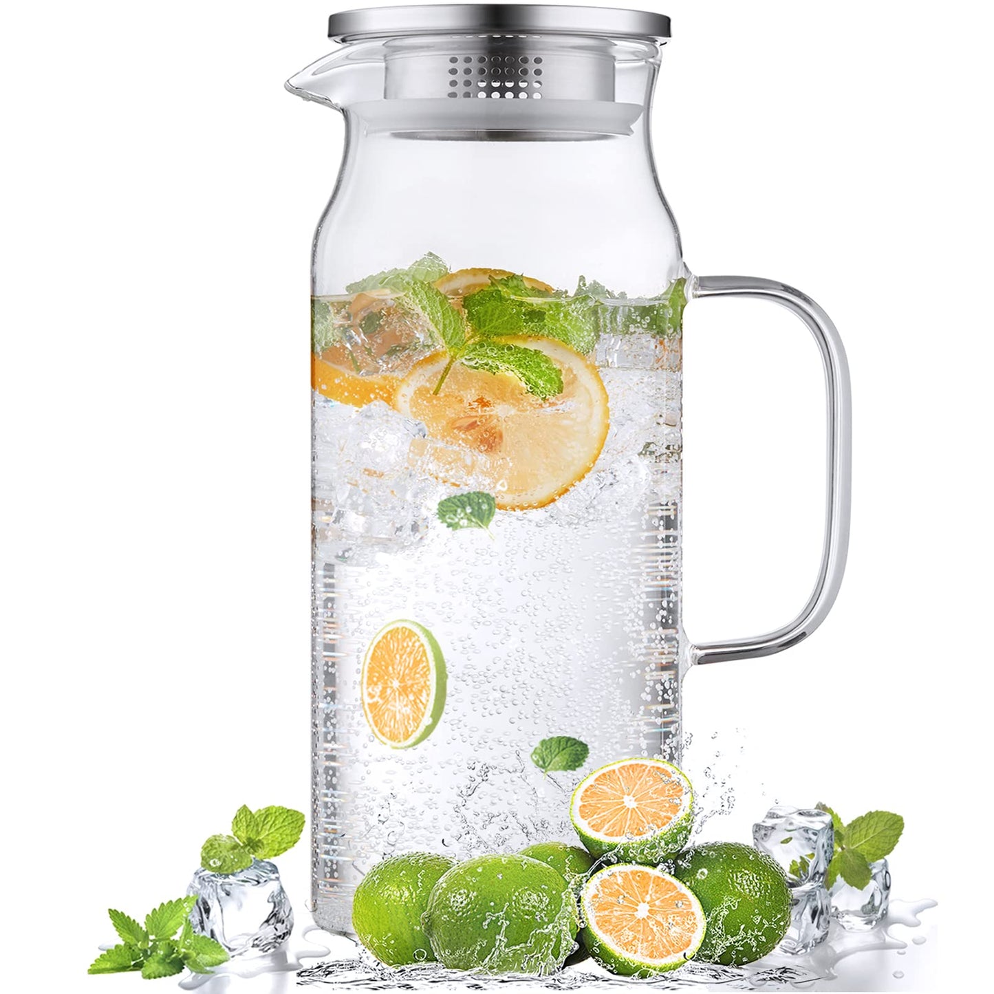 Bivvclaz 2 Liter 68 oz Gold Glass Pitcher with Lid and Handle, Glass Carafe for Hot/Cold Water, Large Iced Tea Pitcher for Coffee, Juice and Homemade Beverage