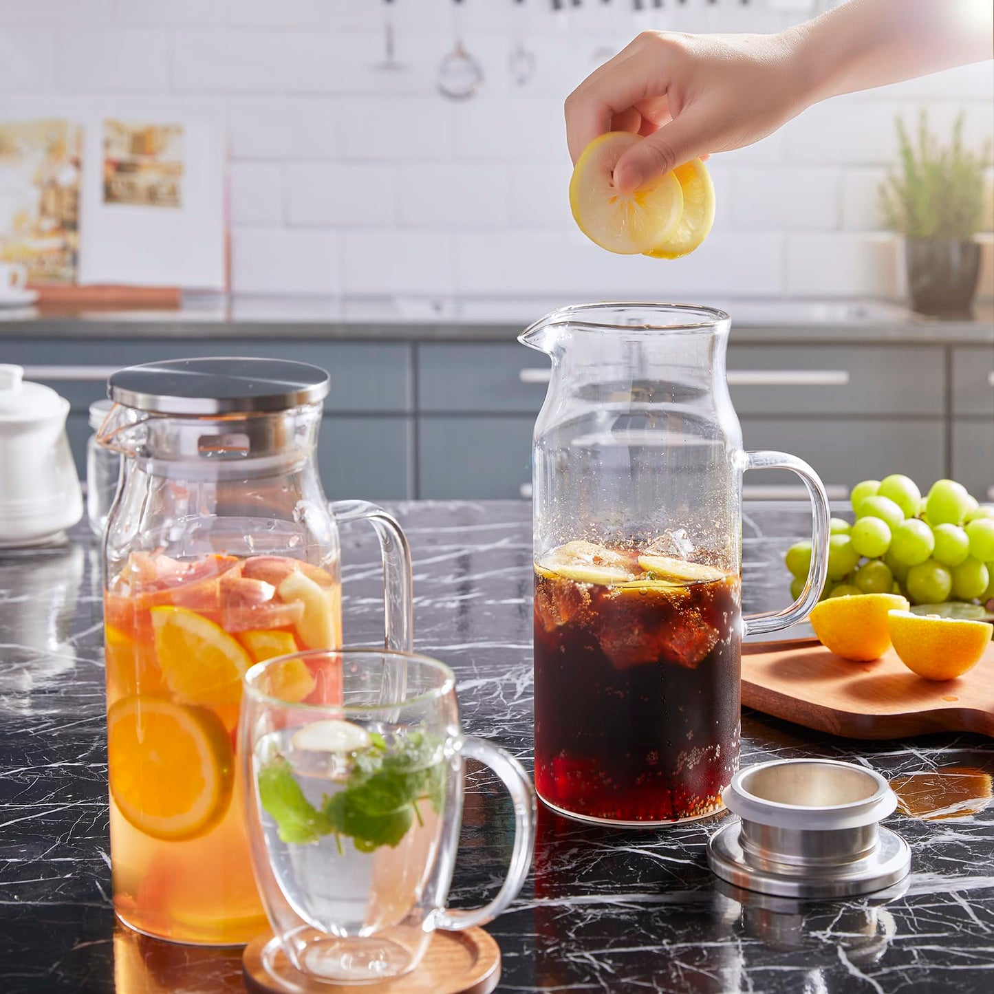 Bivvclaz 2 Liter 68 oz Gold Glass Pitcher with Lid and Handle, Glass Carafe for Hot/Cold Water, Large Iced Tea Pitcher for Coffee, Juice and Homemade Beverage