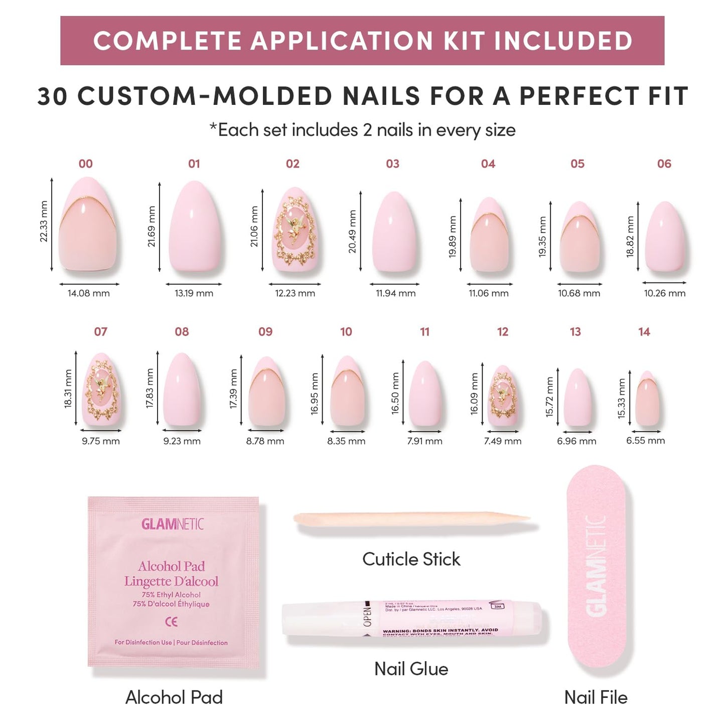 Glamnetic Press On Nails - All Time Love Spring Nails | Glossy, Semi-Transparent, Short Almond French Tip Fake Nails with Leaf Accents, Salon Quality | 15 Sizes - 30 Nail Kit with Glue
