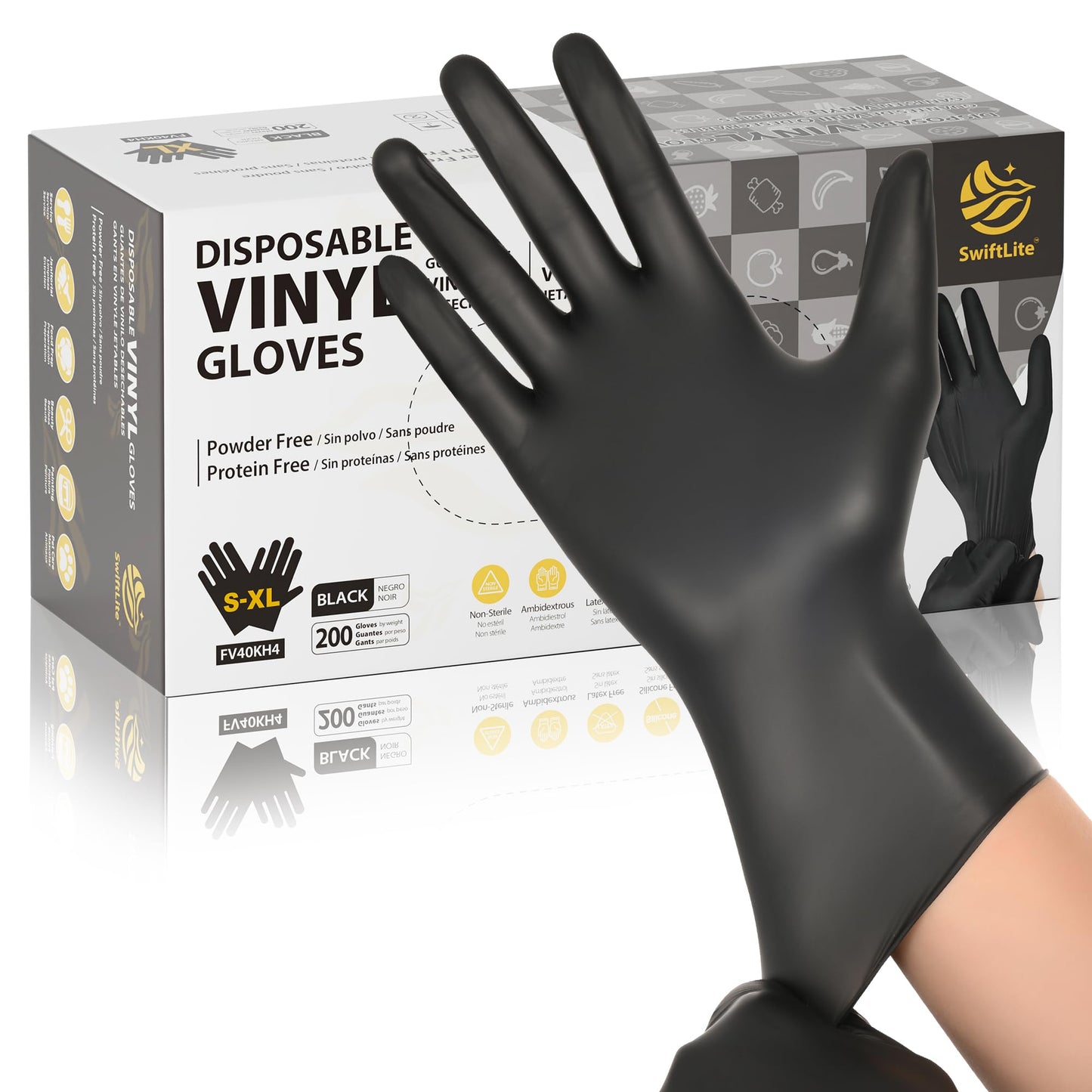 SWIFTLITE Black Vinyl Gloves, Food Grade Gloves Disposable Latex Free & Powder Free, Guantes for Cleaning Cooking Food Prep