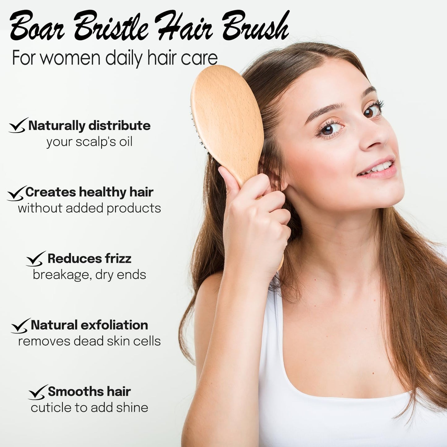 100% Pure Boar Bristle Hair Brush, Handmade Natural Wooden Slick Back Hairbrush for Thin Fine Hair, Gently Detangling Reduce Frizz Smooth Shine for Women Men Kids, Cleaning Comb&Travel Pouch Included