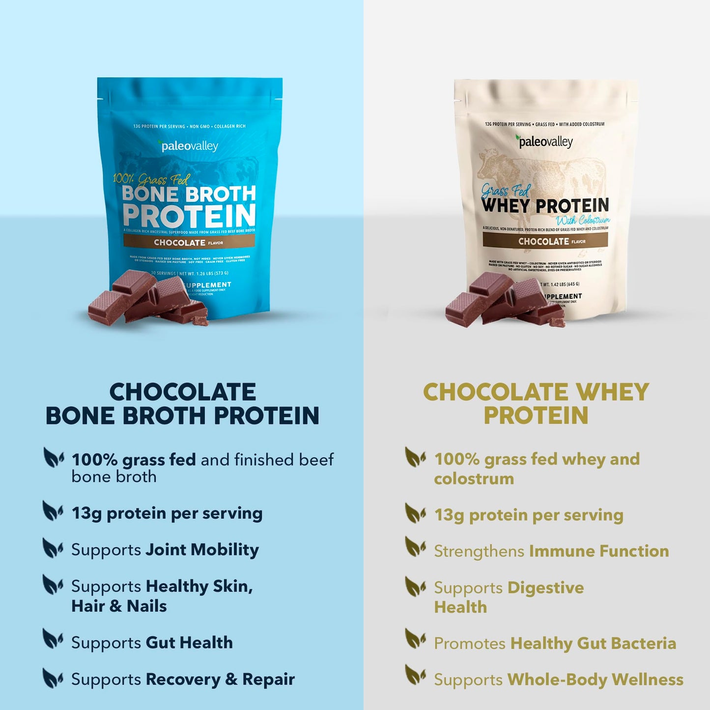 Paleovalley 100% Grass Fed Beef Bone Broth Protein Powder - Rich in Collagen Peptides for Hair, Skin, Gut Health, Bone and Joint Support - 13g Protein Per Serving - No Gluten or GMOs - Chocolate