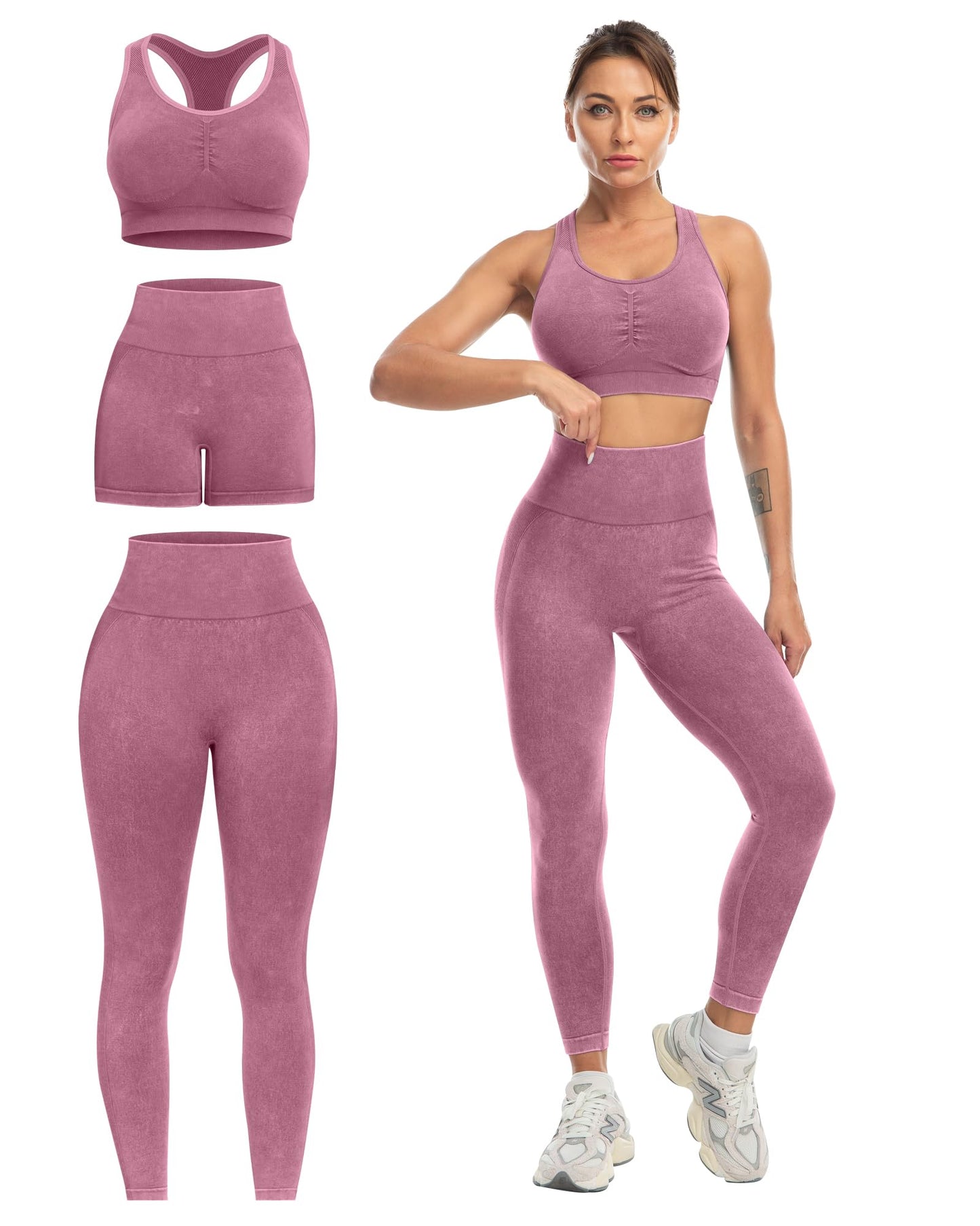 3 Piece Workout Sets for Women Butt Lifting Leggings with High Impact Sports Bra Gym Shorts
