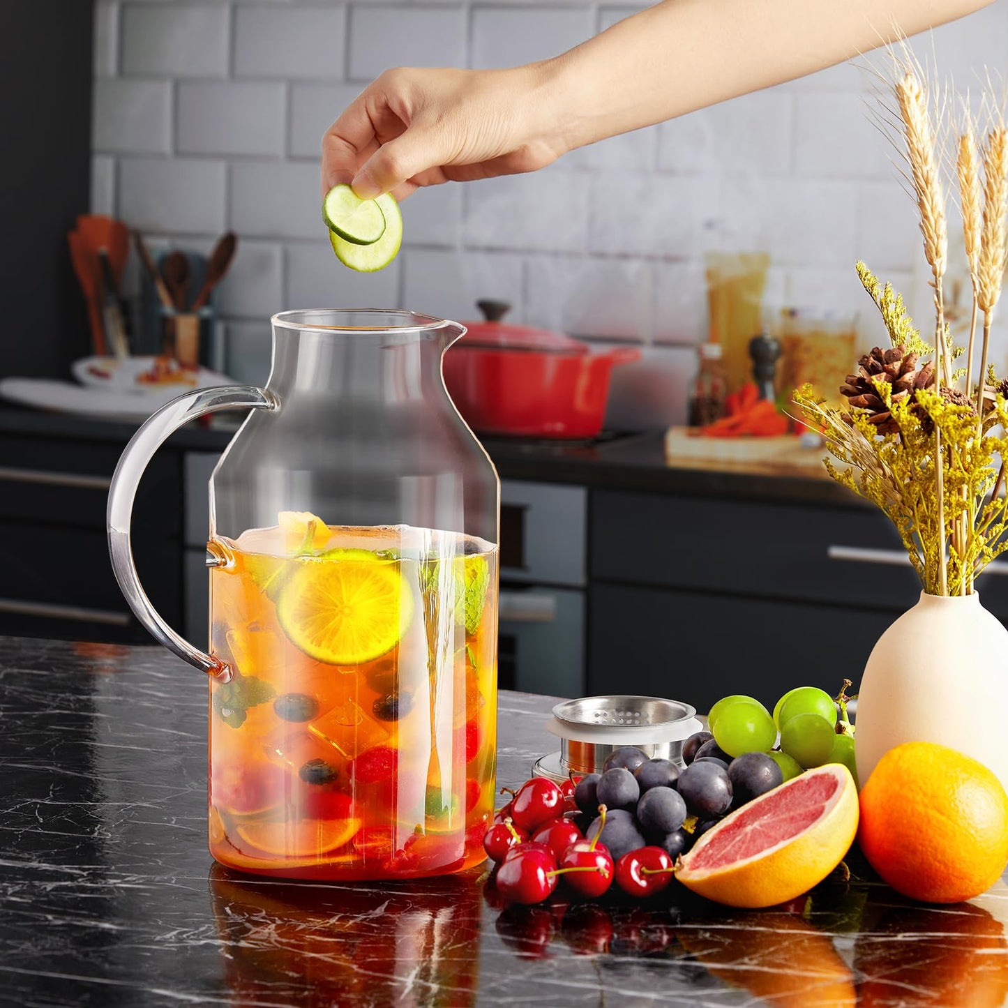 Bivvclaz 2 Liter 68 oz Gold Glass Pitcher with Lid and Handle, Glass Carafe for Hot/Cold Water, Large Iced Tea Pitcher for Coffee, Juice and Homemade Beverage
