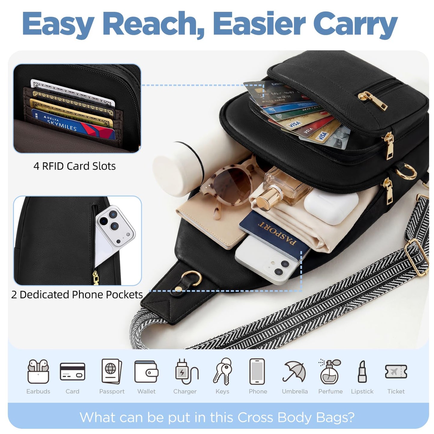Anti Theft Crossbody Bags for Women RFID Sling Bag, Vegan Leather Cross Body Travel Purse for Women Men