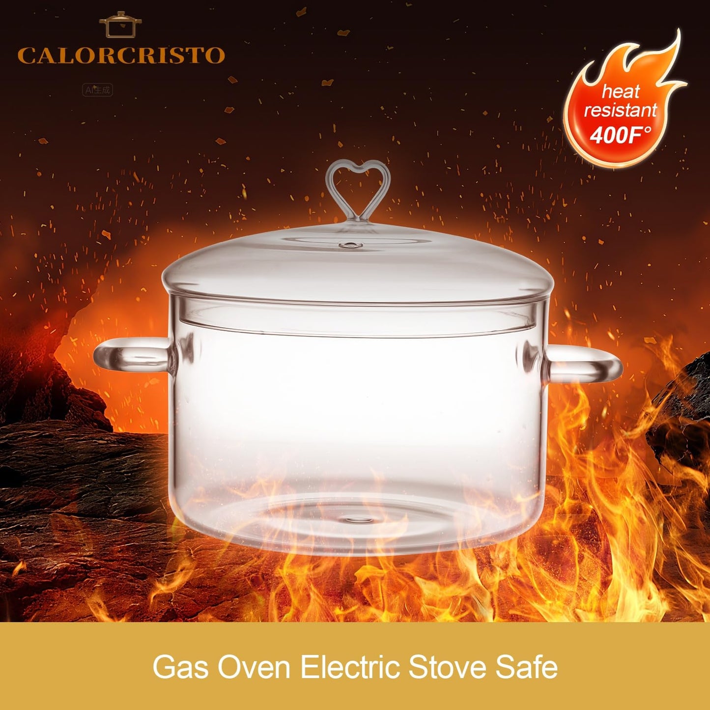 3 L Glass Cooking Pot with Lid, Save Energy, Heat Resistant | 3.2QT(3000ml) Glass Simmer Pot, Heart Shape Lid, Clear, Easy to Clean, BPA Free.