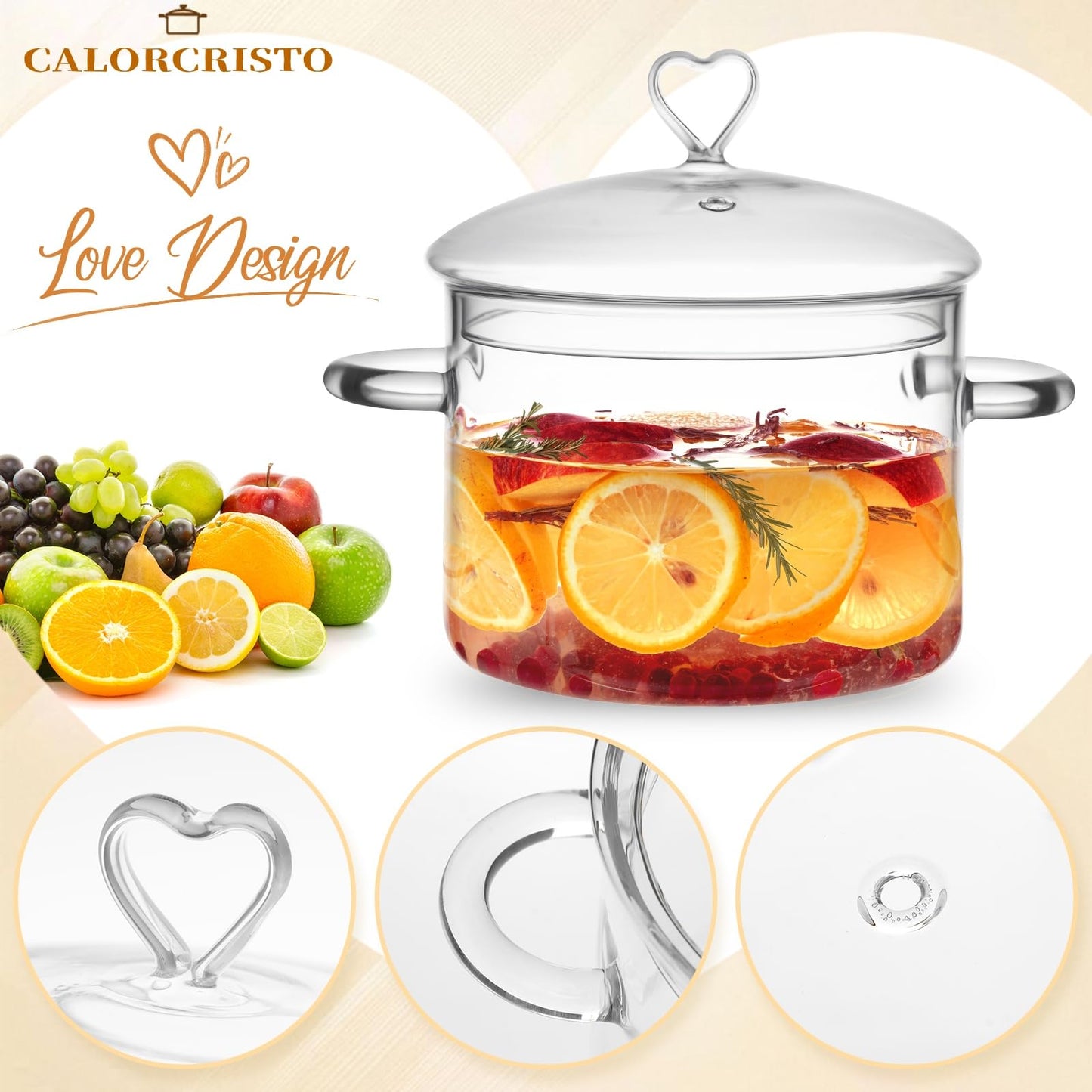 3 L Glass Cooking Pot with Lid, Save Energy, Heat Resistant | 3.2QT(3000ml) Glass Simmer Pot, Heart Shape Lid, Clear, Easy to Clean, BPA Free.