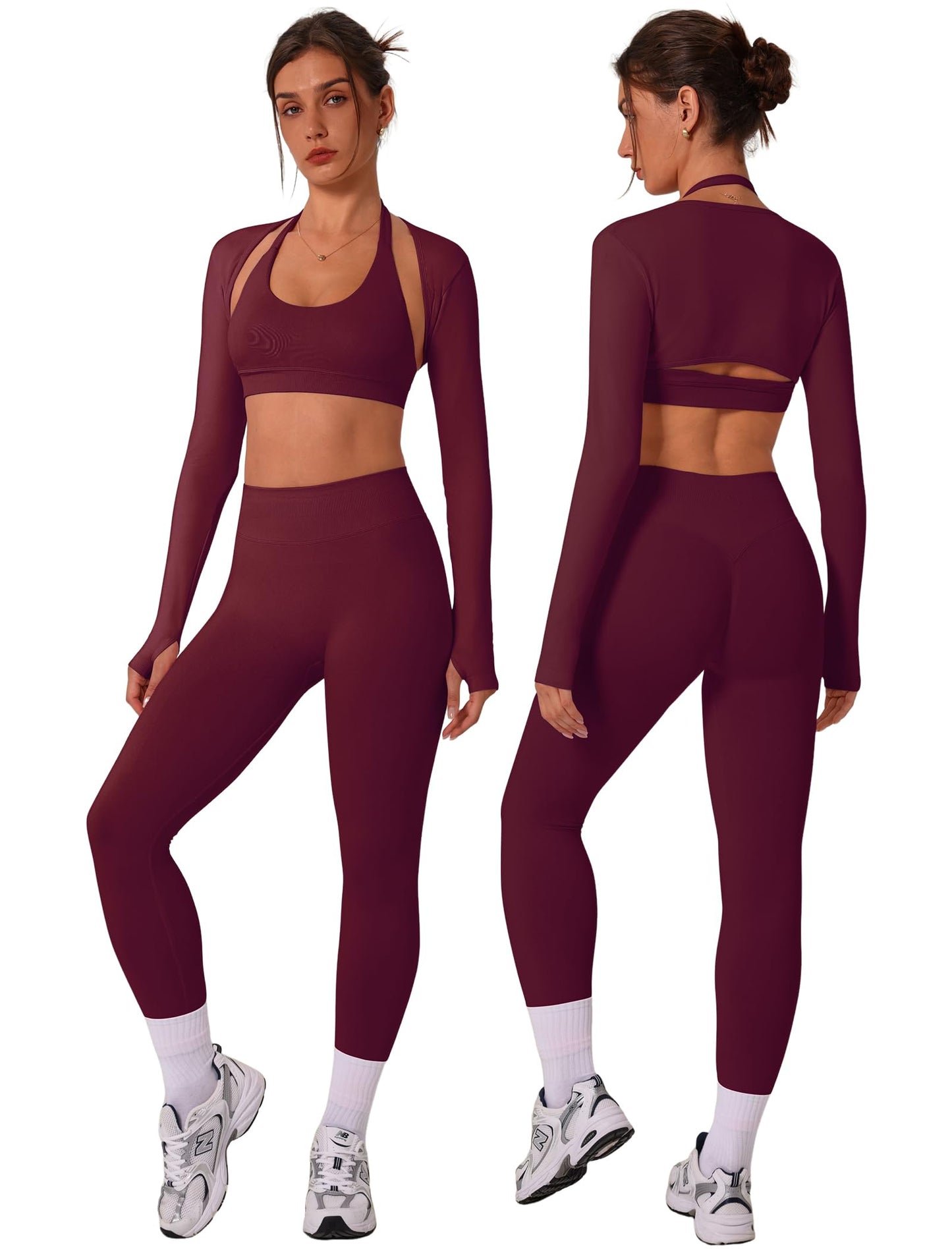 3 Piece Workout Sets for Women Seamless Halter Sports Bra High Waist Leggings Long Sleeve Shrug Gym Yoga Outfits